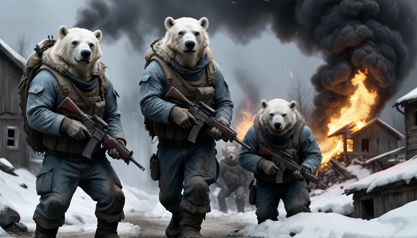 A fully armed army of winter humanoid polar bear soldiers, Dilapidated, Raid a village in the dark, fire, smokes, explode, Tracer, Lenses, Dead people, Body parts, 动作Lenses, In motion, 8K, Ultra HD, Digital SLR Camera, insane detailed, Award-winning photos, (Dark scenes:1.1), miscellaneous,