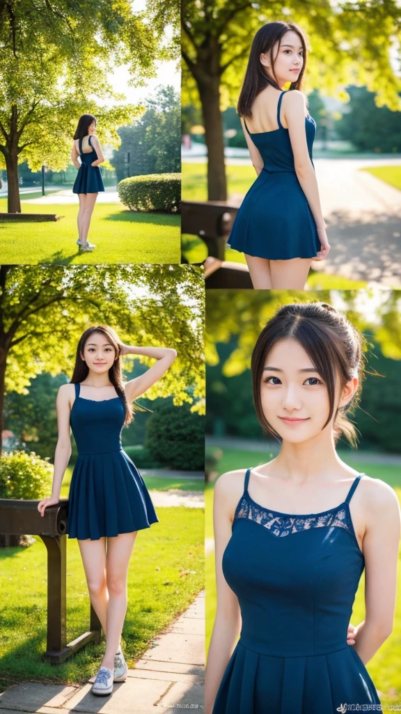 ((best quality)), ((masterpiece)), (detailed), 1girl, 18 year old, ((whole body)), from front, on a bench in a city park, various poses