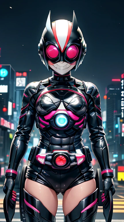 (8k),(masterpiece),(Japanese),(***************),((innocent look)),((Childish)),From the front,smile,cute,Innocent,Kind eyes,Flat chest, black helmet, black domino mask,white mask,Black Canary,bald,no Hair,Strong wind,night,dark, Neon light cyberpunk city,Kamen rider,camisa