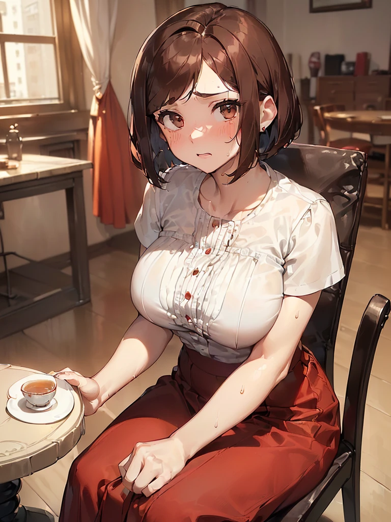 (((Red long skirt:1.9 She opens the front of her blouse herself. Her white bra is visible. She has a white, short-sleeved, elegant blouse.))),(((Apartment room、Sitting in a chair、Anxious expression、Tea on the table:1.3)))Mid-length bob cut hair:1.9. Big breasts:1.6、(((1 Female:1.3))), (((Brown Hair:1.3. Wavy Hair:1.5. Bob Cut Hair:1.9 Round Eyes Beauty:1.3. Shapely breasts, brown eyes, side-swept bangs, red cheeks:1.3 Sweat:1.3)))、(((Top quality masterpiece high resolution perfect human body:1.3))),(((Sweat:1.3,cute:1.3)))