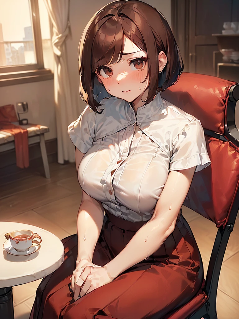 (((Red long skirt:1.9 She opens the front of her blouse herself. Her white bra is visible. She has a white, short-sleeved, elegant blouse.))),(((Apartment room、Sitting in a chair、Anxious expression、Tea on the table:1.3)))Mid-length bob cut hair:1.9. Big breasts:1.6、(((1 Female:1.3))), (((Brown Hair:1.3. Wavy Hair:1.5. Bob Cut Hair:1.9 Round Eyes Beauty:1.3. Shapely breasts, brown eyes, side-swept bangs, red cheeks:1.3 Sweat:1.3)))、(((Top quality masterpiece high resolution perfect human body:1.3))),(((Sweat:1.3,cute:1.3)))