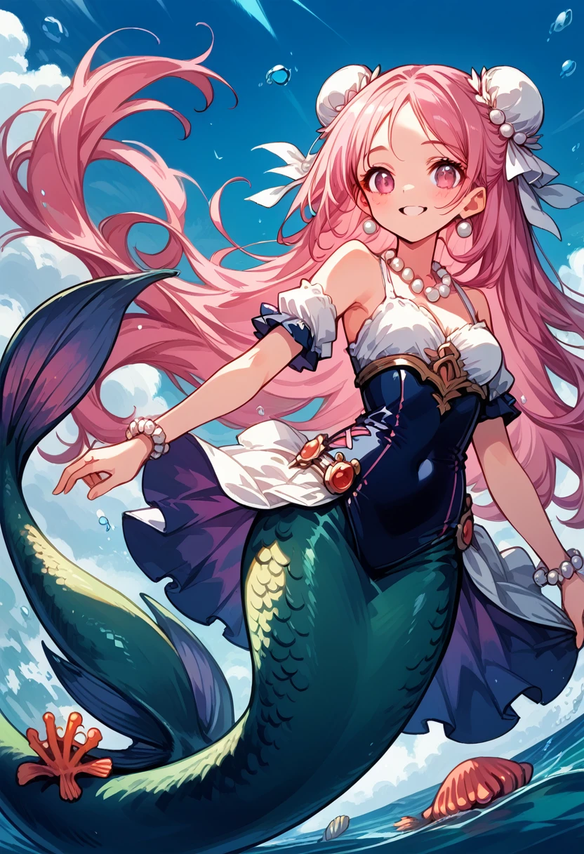 Very detailed, masterpiece, high quality, magically transformed into a mermaid、cute anthropomorphic mouse girl, Fantasy, Race change, smile, Anime Style, Long mermaid tail below waistline, pelvic and dorsal fins, She has a pair of fish gills on her neck, Seashell bra, pearl earrings and bracelet, Pearl Necklace,masterpiece, 最high quality, High resolution, {Detailed and beautiful eyes}, finely, Detailed and beautiful eyes,1 Girl, (alone:1.5), (Hair Ribbon:0.4), Pink Eyes,Cinematic Angles,perspective,(((White bun hair))),(((Long pink hair))),whole body,Kunimi Tama,