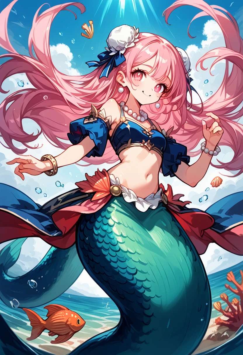 Very detailed, masterpiece, high quality, magically transformed into a mermaid、cute anthropomorphic mouse girl, Fantasy, Race change, smile, Anime Style, Long mermaid tail below waistline, pelvic and dorsal fins, She has a pair of fish gills on her neck, Seashell bra, pearl earrings and bracelet, Pearl Necklace,masterpiece, 最high quality, High resolution, {Detailed and beautiful eyes}, finely,  Detailed and beautiful eyes,1 Girl, (alone:1.5),  (Hair Ribbon:0.4), Pink Eyes,Cinematic Angles,perspective,(((White bun hair))),(((Long pink hair))),whole body,Kunimi Tama,