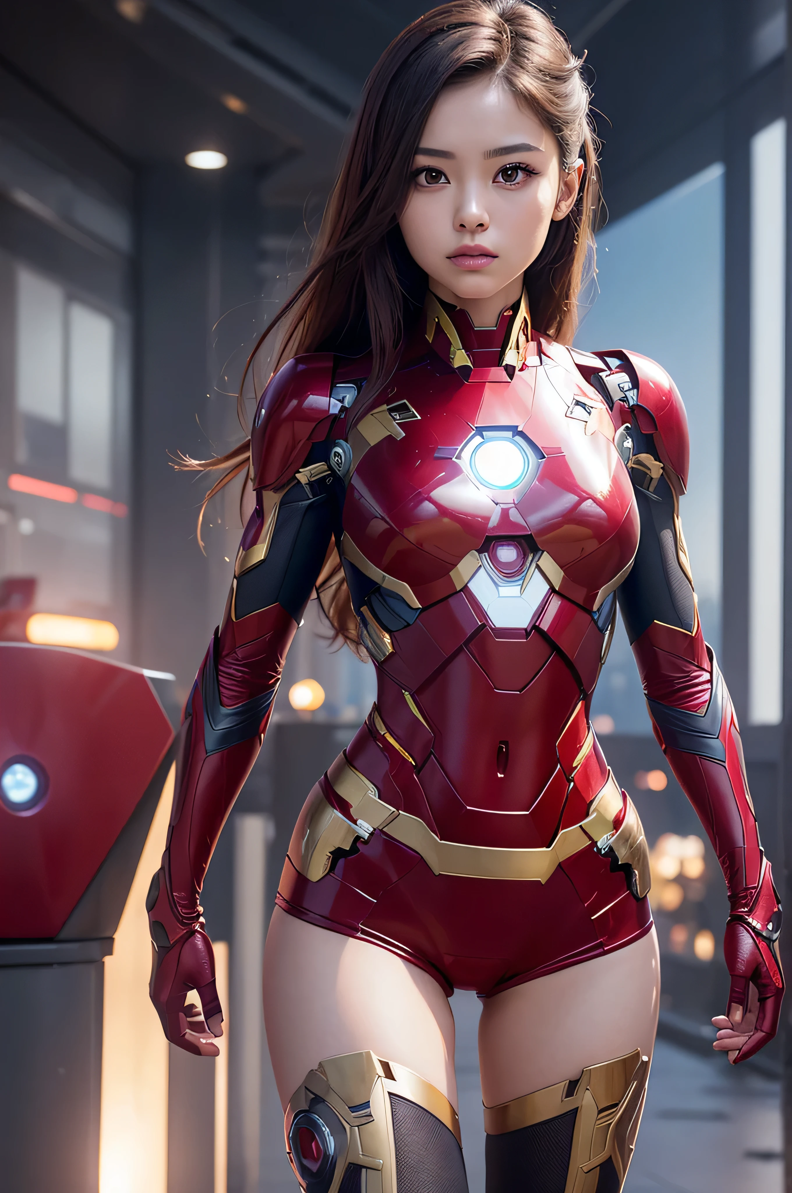 ((masterpiece, 8K, 3D, Realistic, Super Detail)), (1girl:1.3), slender 16 age, Ultra Micro photography, Tzuyu (Twice) Super realistic, Perfect face, 16K resolution, 4k resolution, The photo was taken from the Front, facing to the photographer, Foreground photo, dynamic lighting, posing on a pedestal, high-definition resolution, Beautiful features, ((Perfect female Model Slim body)) Beautiful features, Standing pose, ((small hip)), (((2 piece Hotpants-Bikini))), Sci-fi futuristic, ((Iron man armor)) ((bionic Fragmented Super Girl chest armor suit)), ((Exposed slim thighs)), wear mesh metal-stockings, ((slim thighs)), ((bionic Slim thighs Spider man armor)), Front Full body Shot, full body portrait, perfect legs, Iron Man shoes, futuristic city background