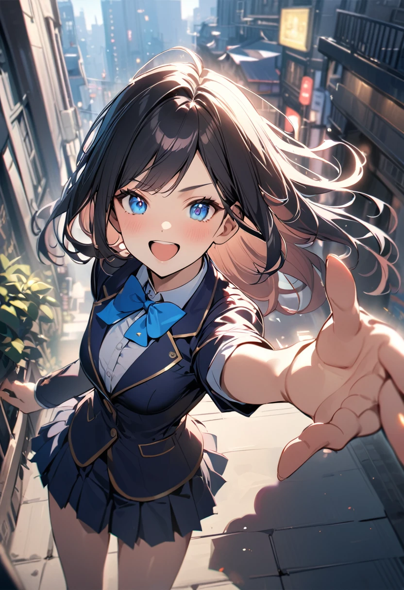 1 girl, long hair, black hair, straight hair, short bangs above brows, blue eyes, happy, open mouth, reaching
BREAK (masterpiece), (high resolution 8K), cinematic lighting, professional lighting, detailed eyes and face, detailed body, 
BREAK blazer, blue bowtie, white shirt, pleated skirt,  
BREAK outdoors, city, shopping mole,