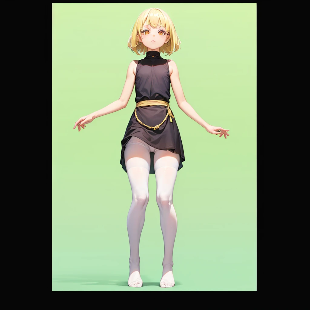 (White tights),barefoot,Cute little ,Tiny ,Small girl,,Childish face, Very fine clean face,Top quality, Big eyes,Straight Hair,Yellow hair,Crimson Eye,(Dark Room), Subtle light, Natural light,Soft lighting,Light from directly behind, (Are standing),Black background