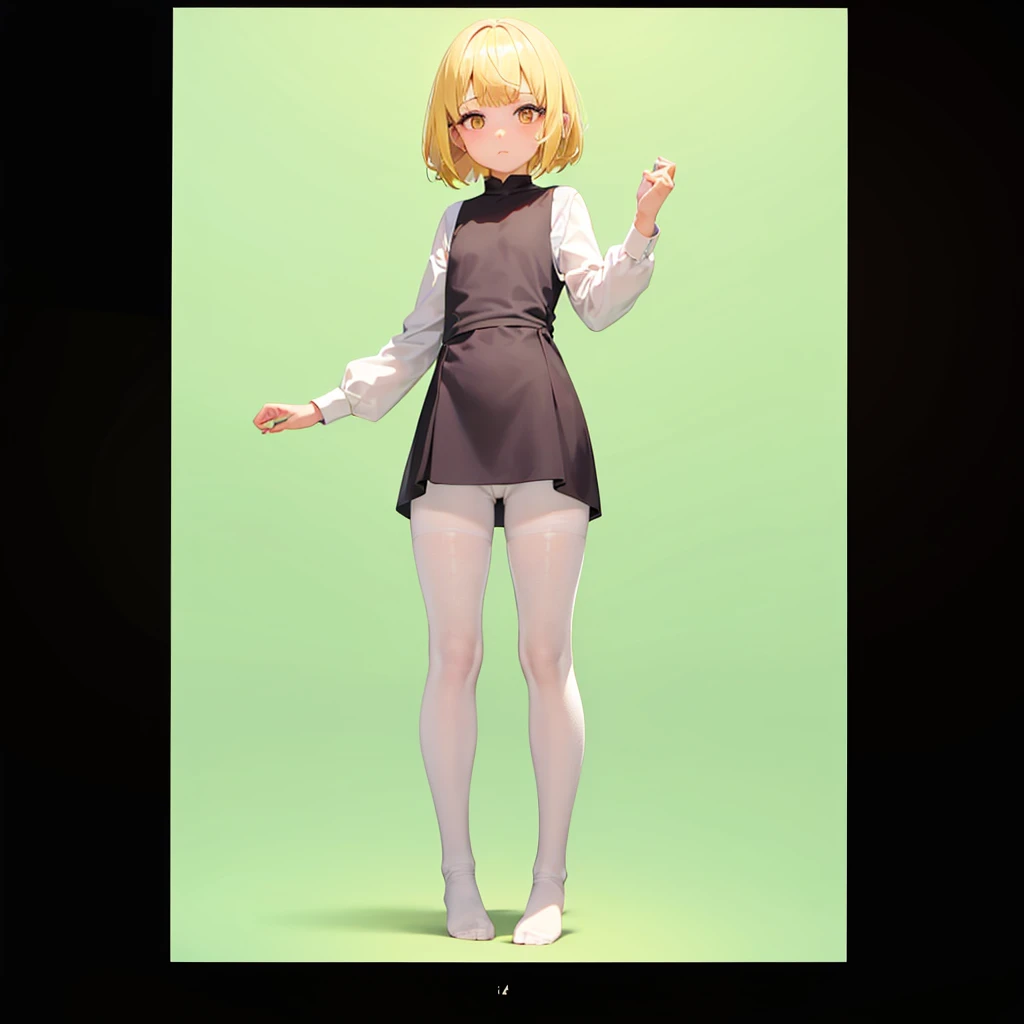 (White tights),barefoot,Cute little ,Tiny ,Small girl,,ish face, Very fine clean face,Top quality, Big eyes,Straight Hair,Yellow hair,Crimson Eye,(Dark Room), Subtle light, Natural light,Soft lighting,Light from directly behind, (Are standing),Black background