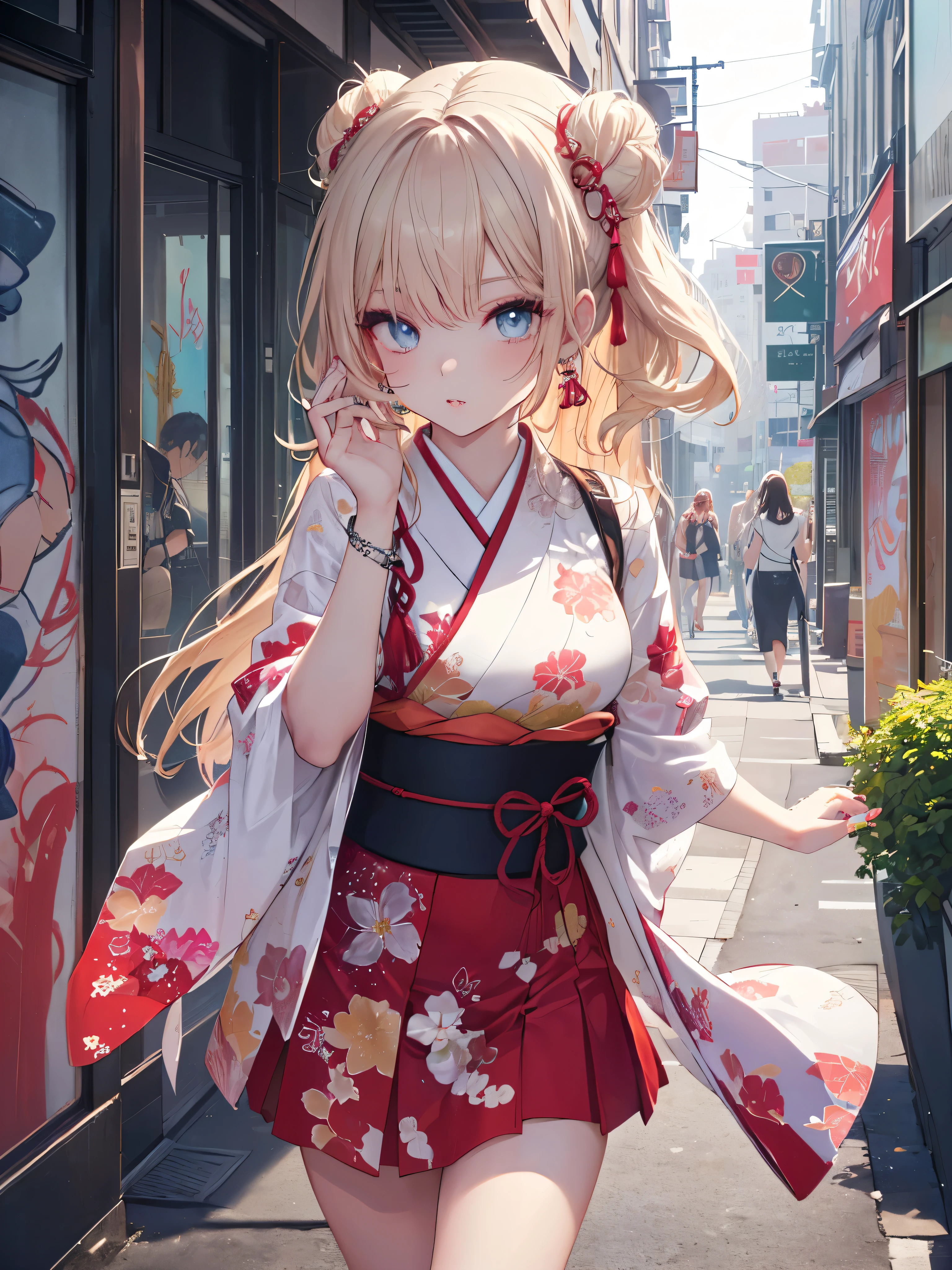 (best quality,4k,8k,highres,ultra-detailed,girl,stylish,beautiful detailed eyes,beautiful detailed lips,extremely detailed eyes and face,long eyelashes,trendy outfit,Japanese street fashion,gyaru fashion, vibrant colors,high contrast,extravagant accessories,glamorous hairstyle,confident pose,urban background,sunlight filtering through the cityscape,graffiti art,sparkling jewelry,sophisticated makeup,high fashion look,couture clothing,unique nail art,endless energy and vibrant vitality,youthful and bold attitude,city lights reflecting on glossy surfaces,impeccable skin texture,rich texture in clothing fabric,expressive and captivating gaze,full and luscious lips,authentic Japanese gyaru style,harajuku fashion inspiration