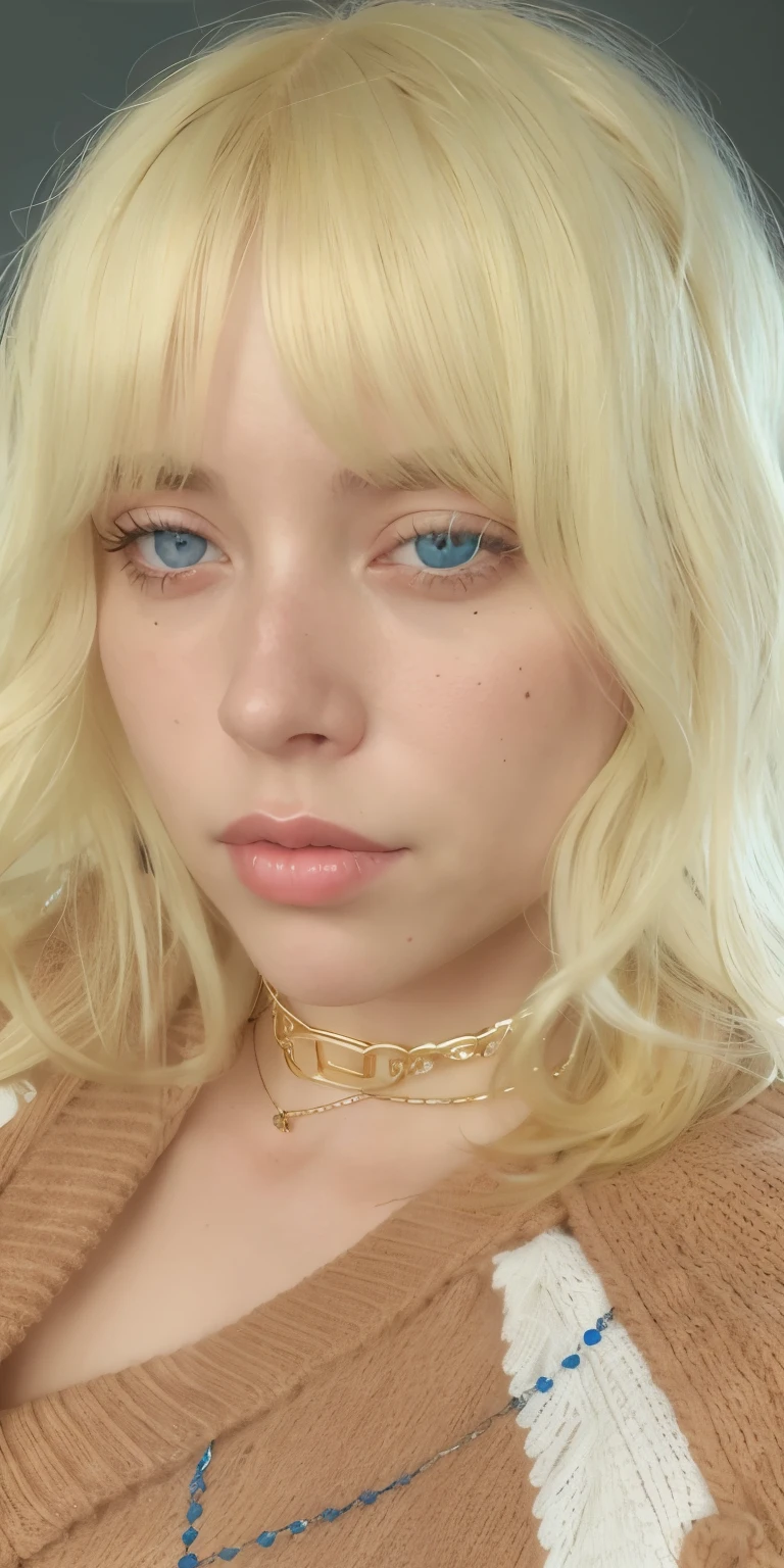 Blonde woman with blue eyes and a tan sweater, wearing gold detailed choker, Billie Eilish, pearl choker, Not the Petra Collins style, Retrato de Billie Eilish, pearls and gold chains, blonde hair and large eyes, gold and pearl necklaces, gold choker, Retrato de Billie Eilish, inspired by Elsa Bleda, piercings collar, fair skin curly blonde hair