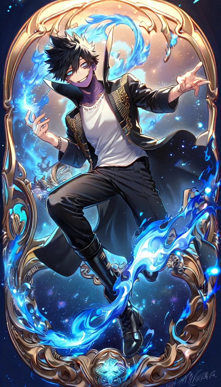 absurdres, highres, ultra detailed, HDR, master piece, best quality, extremely detailed face, delicated features, Dabi, black hair, expressive turquoise eyes, Boku No Hero Academia, sexy man, solo, handsome, smiling, black coat with high collar, white T-shirt, black pants, black boots, full body, fantasy, magical, blue fire, starry sky, blue lights, blue flames background, blue background