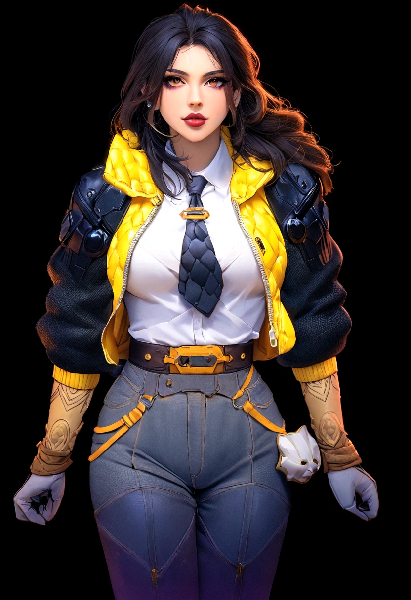 a close-up of a woman in a yellow jacket and black tie, faye san valentin, kate obispo, Judy Alvarez Cyberpunk, wearing cyberpunk jacket 2 0 7 7, Portrait of Tifa Lockhart, faye san valentin from cowboy bebop, Loba Andrade de Apex Legends, Brigitte de Overwatch, Portrait of Tifa Lockhart, jet black haired cyberpunk girl, cyberpunk femme fatale