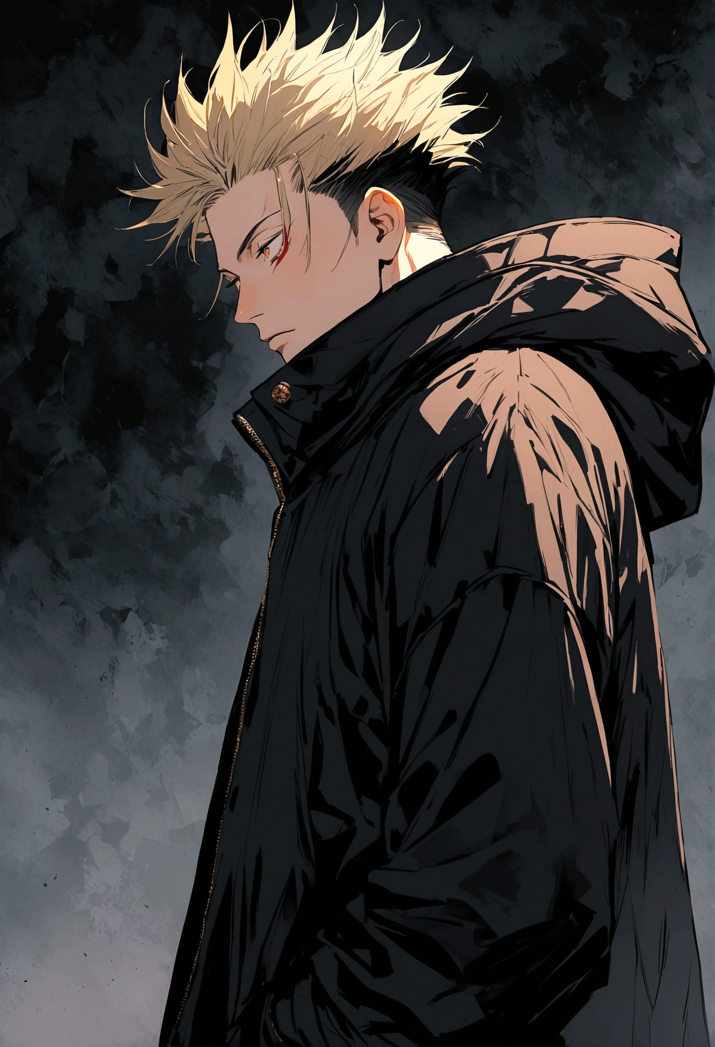 one japanese guy, black parka, blonde with black streak hair, high res, ultrasharp, jujutsu kaisen style, jujutsu kaisen background