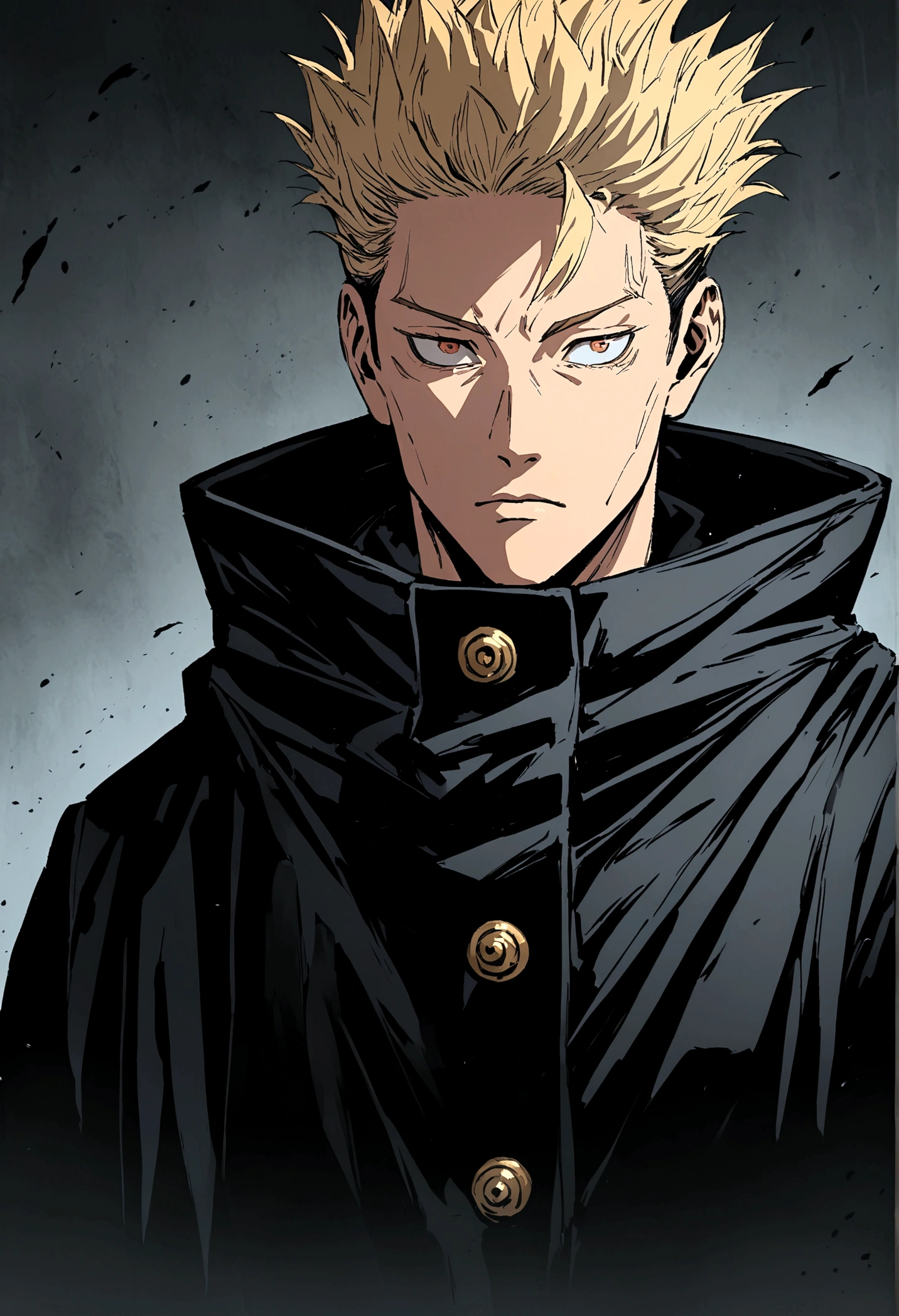 one japanese guy, black parka, blonde with black streak hair, high res, ultrasharp, jujutsu kaisen style, jujutsu kaisen background