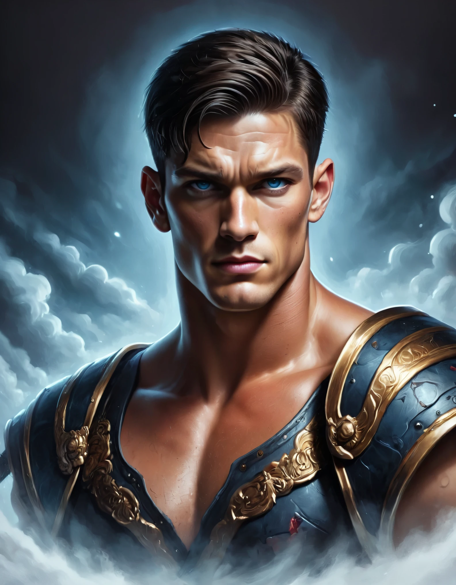 chiaroscuro technique on sensual illustration of an masculine, 26-year-old Italian male model, handsome Roman, (John Cena) he is the god of war, he is Ares, Mars, evil-looking, strong look, light blue eyes, strong jawline, dressed as a gladiator, ancient gladiator, male gladiator skirt, matte painting, by Harumi Hironaka, extremely soft colors, vibrant, pastel, highly detailed, digital artwork, high contrast, golden dramatic, refined, tonal, an intimate, seductive studio setting with a focus on sensuality and romance. Utilize soft, warm lighting that bathes the space in a gentle, inviting glow. Incorporate luxurious fabrics, plush furnishings, and a touch of decadence to evoke an opulent ambiance. The scene should exude an air of serenity and anticipation, inviting the viewer into a sensual and romantic space