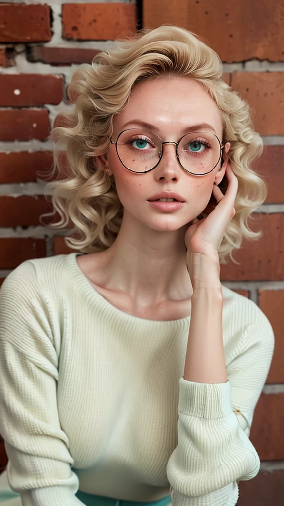 1 Russian woman, legitimate albino, extremely thin and beautiful, perfect body, (well-shaped and delicate face with (freckles)), skin with highly detailed depth, she is leaning against a brick wall, (hair over her eyes, long, slightly messy and shiny, wavy blonde hair), (detailed, large and bright eyes, light green eyes, curled eyelashes, large glasses), (sensual pout with mouth), wearing a short sweater showing off her shoulders, (she is sweaty ( glistening with sweat)), ultra realistic image, perfect symmetry, vibrant and sharp, dynamic vision, high quality, hyper-realistic and cinematic 32k.