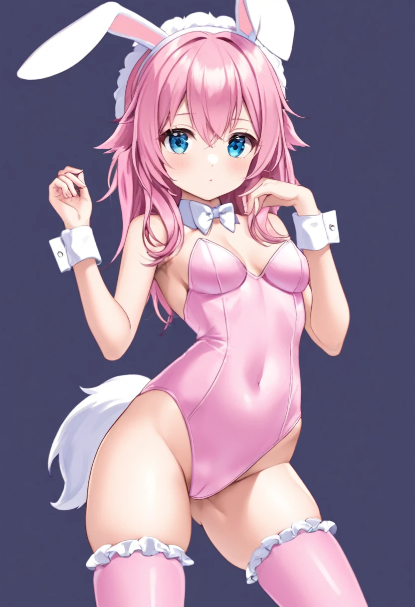 A has a pink head, blue eyes, wolf ears, wearing a bunny girl costume. tight thigh socks