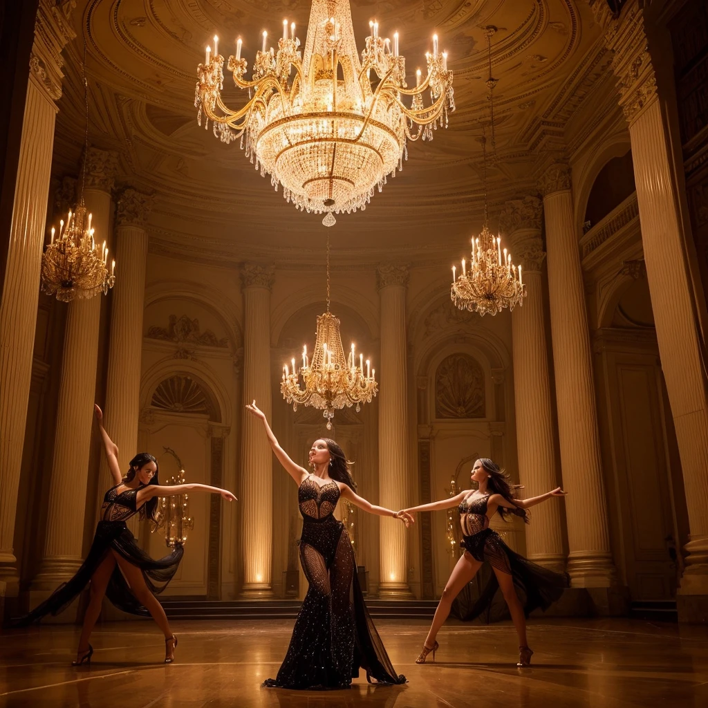 Three pretty, beautiful women perform an intensely synchronized dance in a large hall under a chandelier. The scene is grand and powerful, with dynamic shots capturing the energy and precision of their dance. Lighting includes flashing lights and dramatic color changes to enhance the dramatic effect.