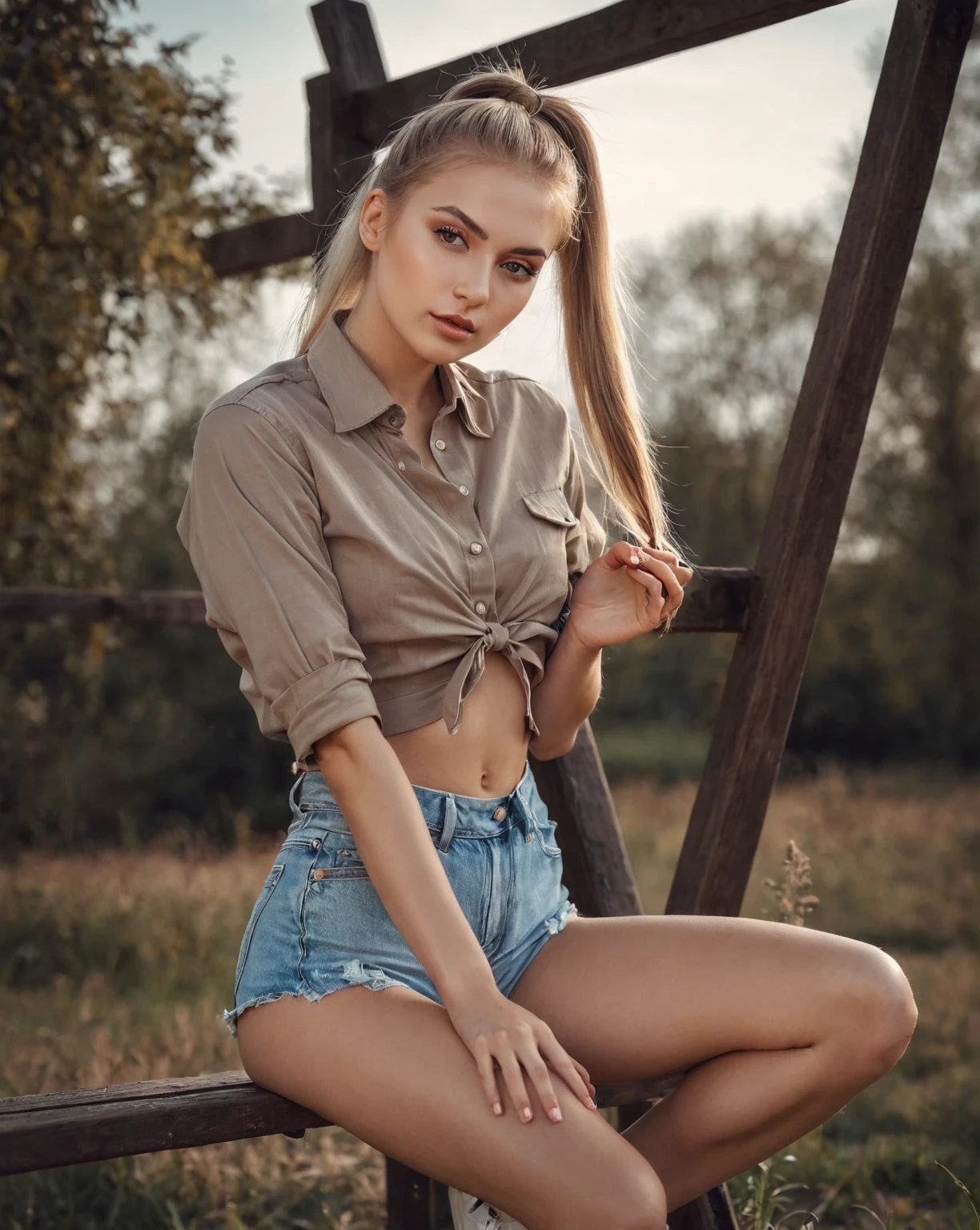 arafed woman sitting on a bench in a field with a long ponytail, Anna Nikonova aka Newmilky, pose casual, olga buzova, Instagram Template, Aleksandra Waliszewska, attractive pose, beautiful model, sexy girl with shorts, modeling photography, beautiful model girl, Yelena Belova, 2 4 year old female model