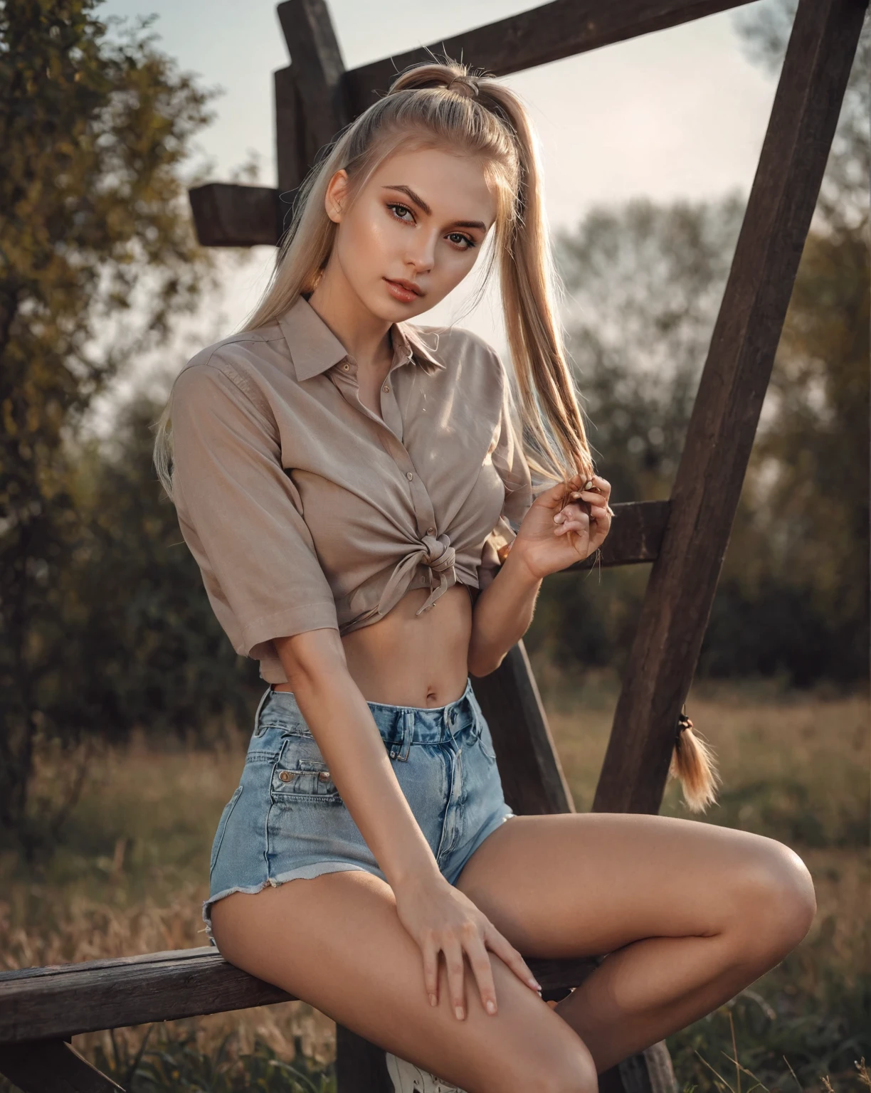 arafed woman sitting on a bench in a field with a long ponytail, Anna Nikonova aka Newmilky, pose casual, olga buzova, Instagram Template, Aleksandra Waliszewska, attractive pose, beautiful model, sexy girl with shorts, modeling photography, beautiful model girl, Yelena Belova, 2 4 year old female model