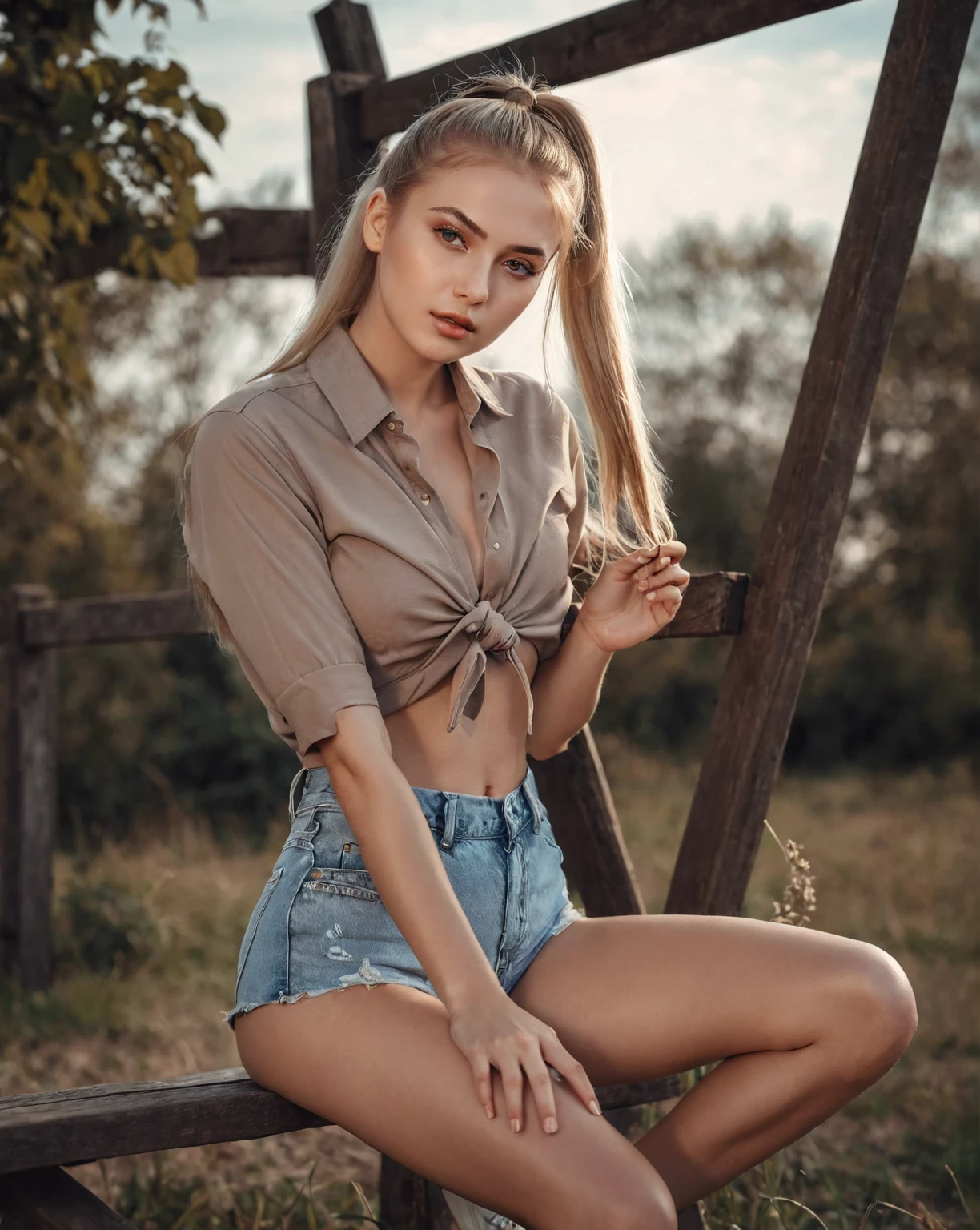 arafed woman sitting on a bench in a field with a long ponytail, Anna Nikonova aka Newmilky, pose casual, olga buzova, Instagram Template, Aleksandra Waliszewska, attractive pose, beautiful model, y girl with shorts, modeling photography, beautiful model girl, Yelena Belova, 2 4 ymale model