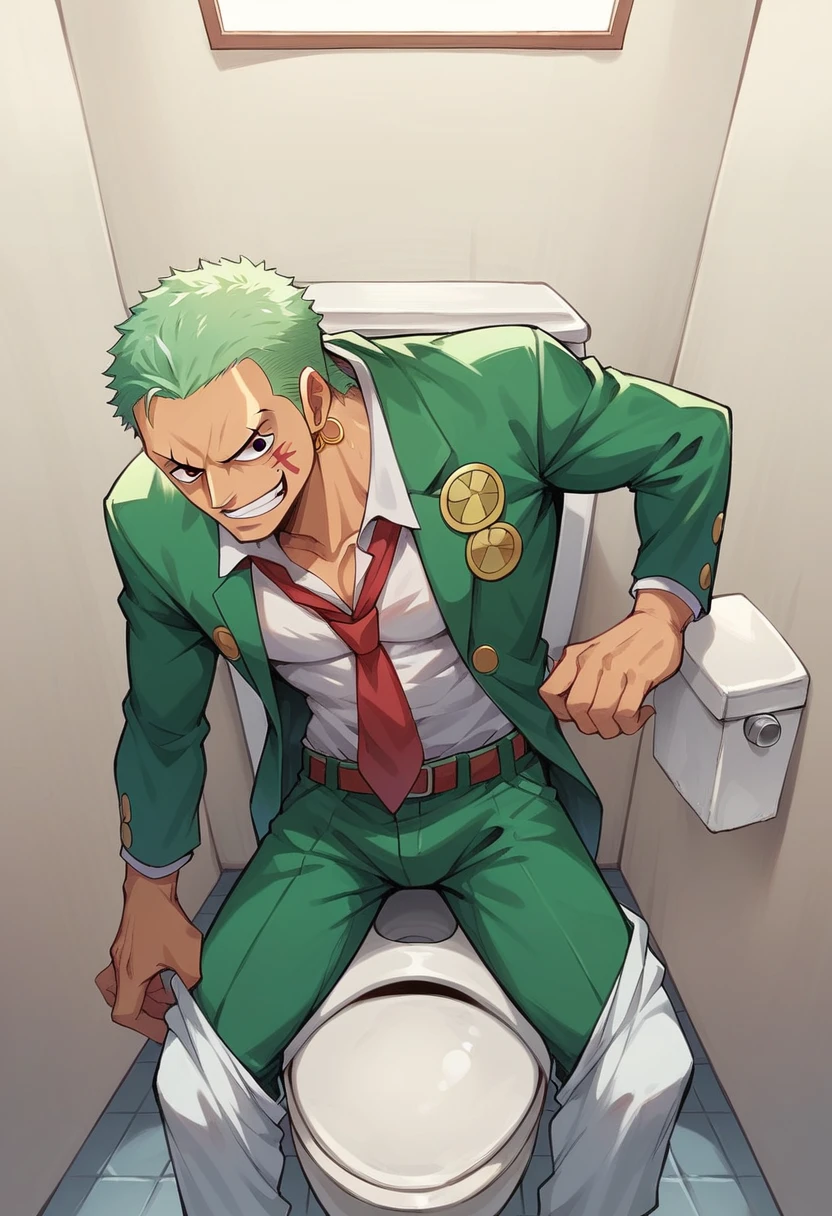 one piece,Zoro,Red tie,blazer,toilet