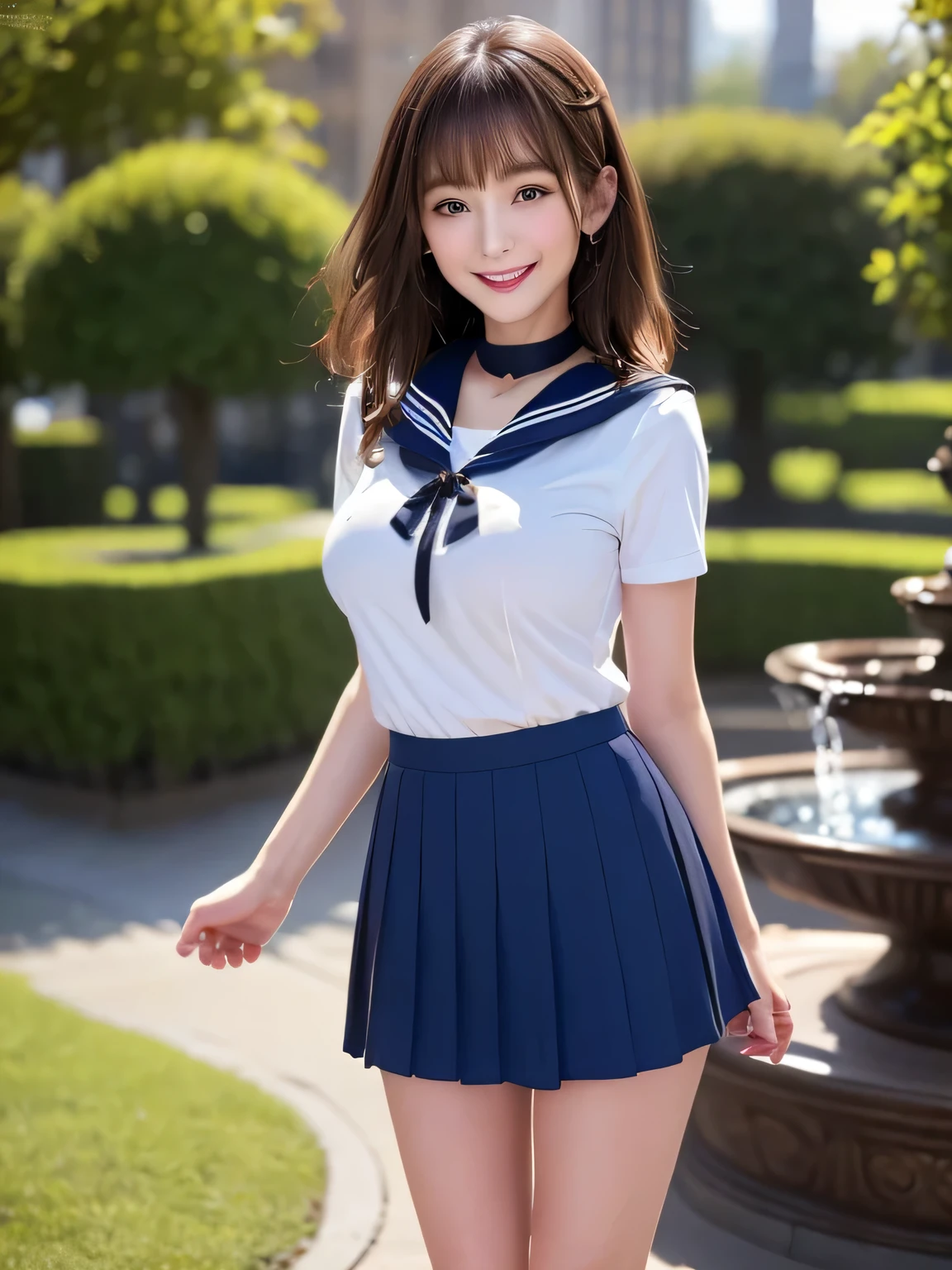 100 Girls,Crowded, Long Hair, Brown Hair, sexly, A row of girls, Girls standing in alignment, Girls only, Sisters, ((uniform。Sailor suit、mini skirt))，Full body photo:1.9， adorable， smile， Slim face, Slim body， Short Brown Hair， 32k, masterpiece， Best image quality，Ultra-high resolution，Perfect hands，Black Choker、blue eyes、bangs、Very numerous and very long eyelashes, Lots of girls、 Dependents, Fully booked, Big Breasts、Beautiful girls in sailor suits、Big Breasts、huge breast bulge、Fountain Square、blue sky、Alignment、Stand up straight