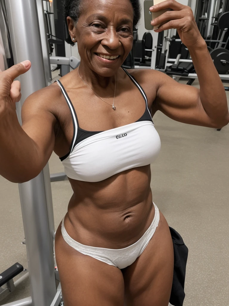 Androeda, solo, realistic, black girl, ((85-year-old girl)), ((mature)), ((old woman)), ((wrinkled woman)), african american old woman, old black woman, dark-skinned, (((upper body only))), ((at the gymnasium)), ((selfie shot)), smiling, wearing attractive tops, white hair