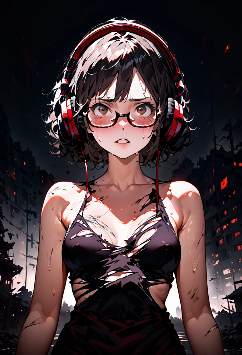 ((top-quality)), ((​masterpiece)), ((ultra-detailliert)), (extremely delicate and beautiful), Digital art, (extremely detailed fine touch:1.3), (2D:1.3), dark lighting, horror movie scene, 1girl, solo, short hair, torn clothed, (((under-rimmed glasses:1.3))), (headphones:1.0), medium breasts, bare arms, The background is a typical Japanese high sclool with horror movie setting, style of Japanese horror films like 'Ju-on', pose : holding guns, dirty skin, sweaty