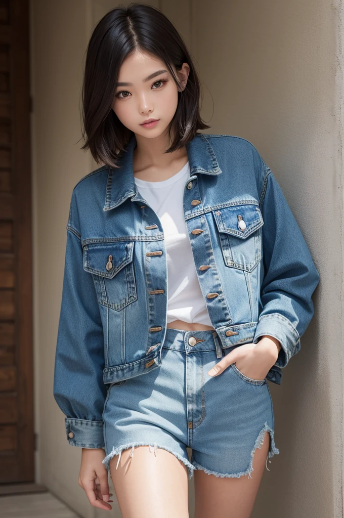 Image of a beautiful model wearing short denim clothes