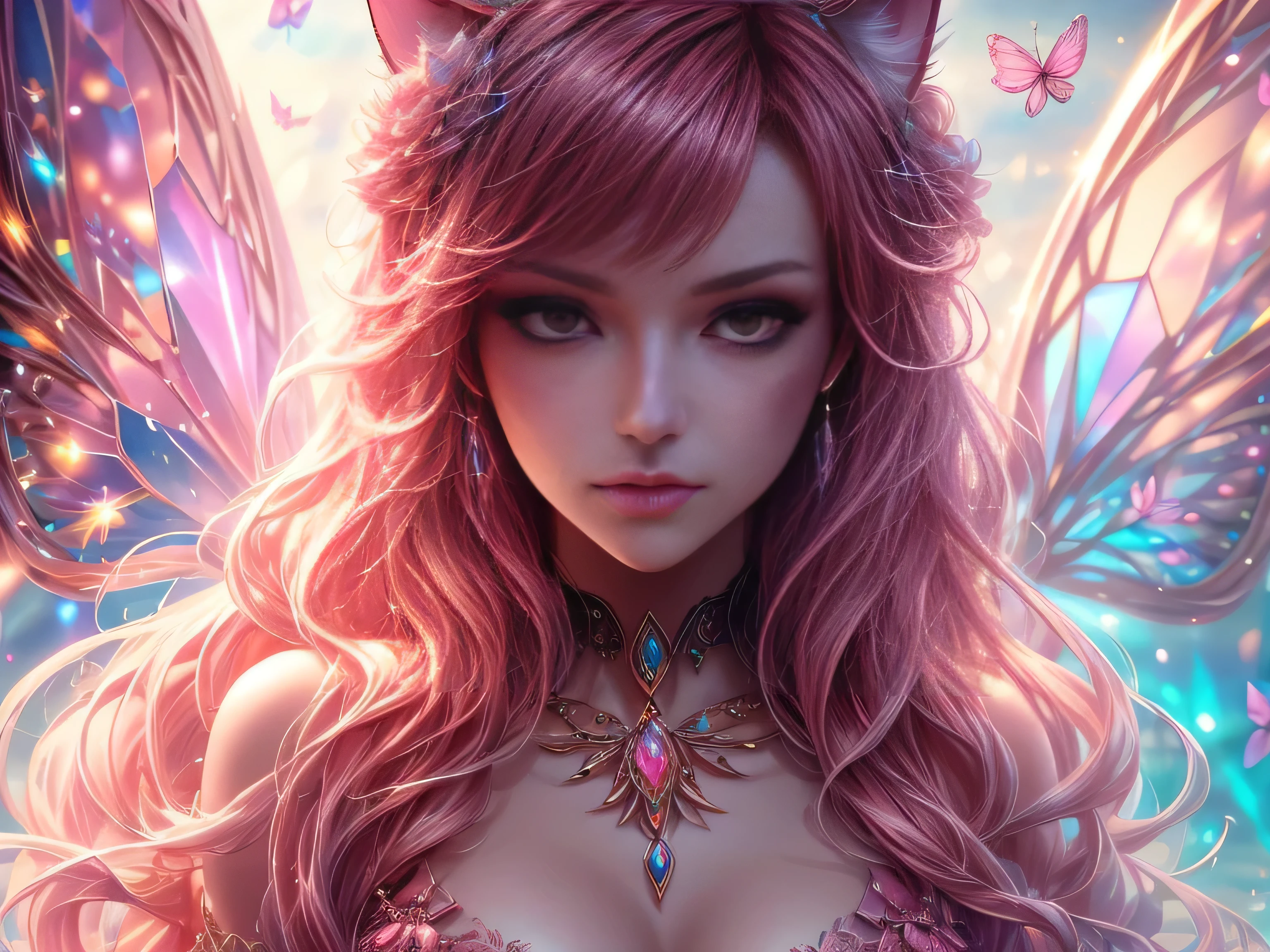 (Best Quality, 8K, Masterpiece, HDR, Soft Lighting, Picture Perfect, Realistic, Vivid), Cat Girl (1.0), Cat Girl with Red Hair and brown eyes and Sexy Revealing Clothes, Pink Bodysuit with Glitter Texture, Beautiful Anime Fantasy, Very beautiful and cute cat girl, large pink butterflies fly around, background blur, anime fantasy, work in Gouves style, realistic: 1.37, top view, red cat girl lies in blue flowers, large pink butterflies fly around, horizontal view, (Ultra High Quality Fantasy Art), Masterpiece, Female Model, Ultra High Quality Female Character Designs, Detailed 8k Anime Art, Realistic Anime Art, Highest Quality Wallpapers, Intricate Ultra High Quality Accurate Female Character Faces, High Quality Designs and Accurate Physics (Fantasy - Ultra High Quality) quality) quality)) art), dark fantasy style), masterpieces, super high-quality characters, anime resolution - 8K, realistic anime art, wallpaper with the highest quality illustrations, ultra-high detail of faces, high-quality design and accurate physics), color, depth of field, shadows, ray tracing, high quality workmanship. -high quality and 8K resolution, (Accurate simulation of the interaction of light and materials)], [High-quality hair detail [More about beautiful and shiny red hair]], (Beautifully detailed hands [perfect fingers [Perfect nails]]], (perfect anatomy (perfect proportions)))) [[Full-length]], [Perfect combination of colors (Accurate imitation of the interaction of light and material)], [art that conveys the meaning of the story](modified)