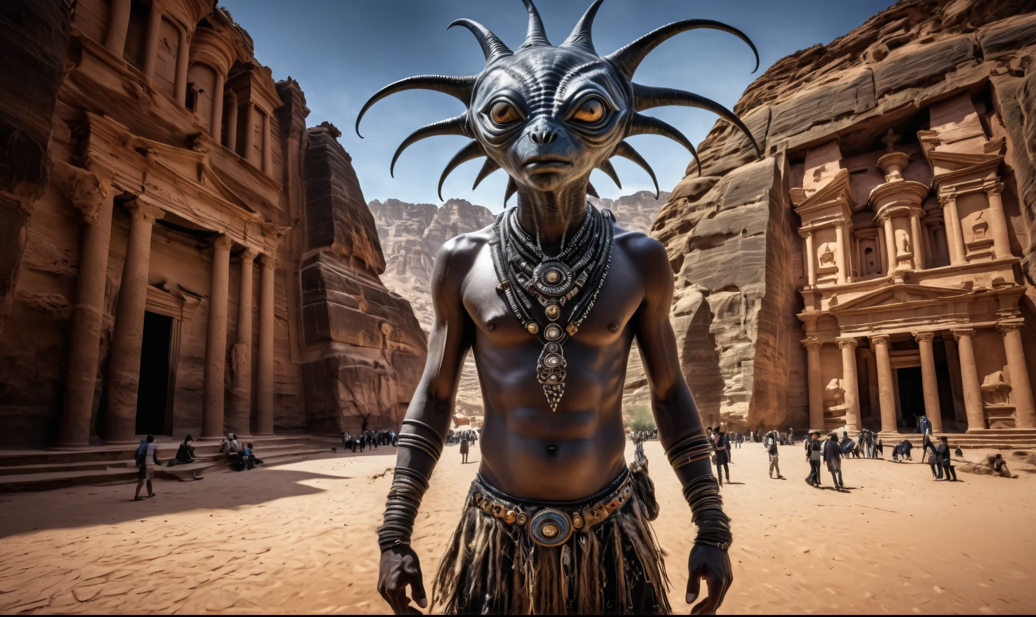 full body length shot,nerd graphite Alien Entity,native africa slave,folk tweed wear ,nowadays azctec central city,mpontains on background,Cinematic,soft colors, Technicolor,natural skin textures, hyper realism, hyper detailed,Extremely detailed,High contrast,Masterpiece,Realistic,Ultra Detailed, intricate details,realistic humid leather,extremely intricate details,Epic Realistic, cinematic style, irina yermolova,high contrast,hdr,extremely detailed,Petra of Southern Jordan,masterpiece, intricate details, eyes extremely detailed, high detailed eyes,8k resolution,retina, Nikon Z9,Korea,orc,, Pisces, transition between two art styles, Double contact, X-ray, Creative, vivid light, fantasy, Abstract, Surrealism, super detailed, high resolution,insanity wear,skin almost translucent, symbols of mourning and gothic elements, further emphasizing its dark air,Mestichino,Light particles,chaos,starfish's leather