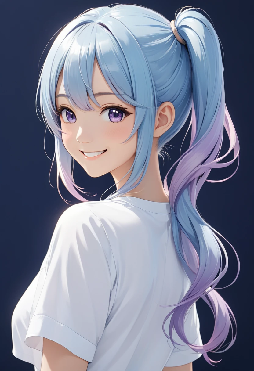 Cute light blue hair with light purple ends. An anime girl with double ponytails and long hair wearing a white fir shirt looking back and smiling. A happy and lively character standing on a simple abstract dark blue background, close-up.( perfect anatomy )
Beautiful and extremely fine texture,detailed, bright, High-quality animation style presentation