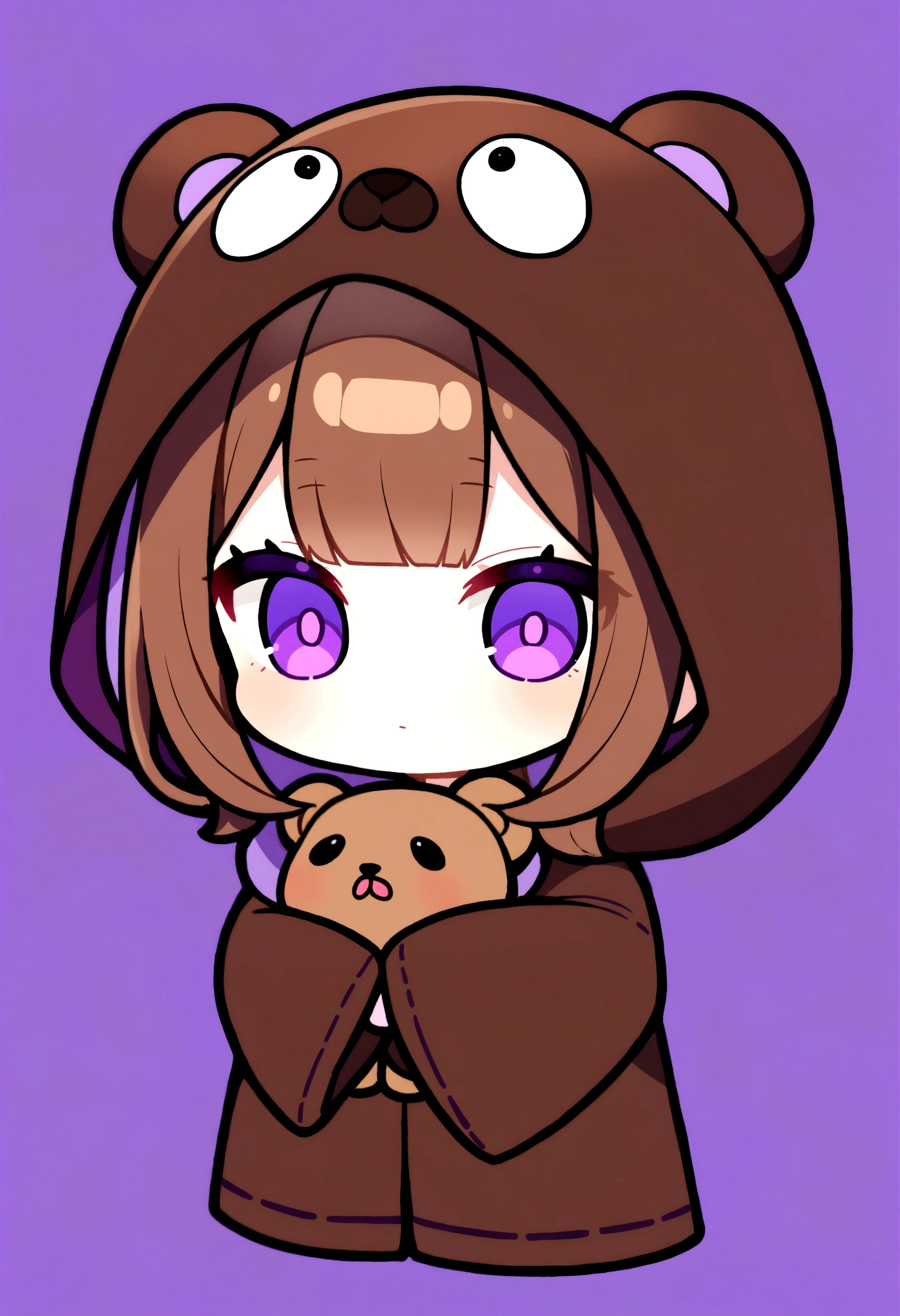 bangs bangs、Bangs、Crisp bangs、long brown hair、Wearing a dark brown bear hood、茶髪ロングのChibi Character、Wearing a dark brown bear ear hooded blanket、Purple Eyes、Purple betta background、Chibi Character、Holding a teddy bear、Bear face hood,美しいPurple Eyes、