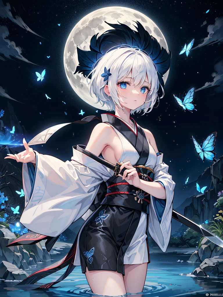 (((1))) ((High resolution white hair short hair black kimono shoulder))) ((Black band military commander lonely despair blue eyes)) ((Blue butterfly night Japanese style old shining aura garden water surface)) (Dance Japan Knife Knife Slash) Moon Star Catch the slashing wind that pulls out the sword