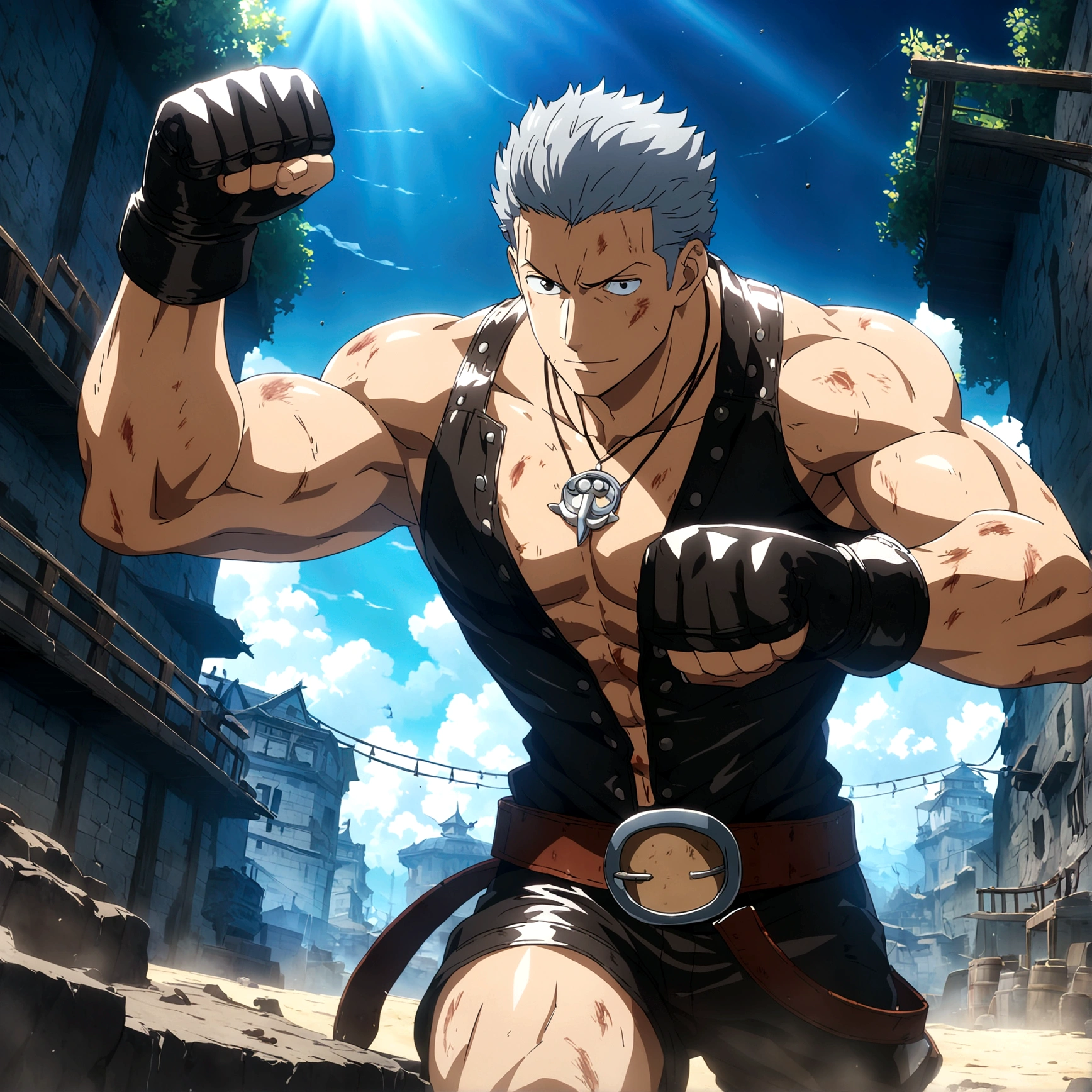 Young man, muscular and robust body, short gray hair, black blouse, blacksmith-style leather jumpsuit, stitched leather boxing gloves, dirt stains on the body, fight wounds on the body, innocent smile, pointed nose, necklace with blue drop symbol, boxer pose, "Anime features inspired by One Piece, drenched in dramatic and incredible lighting, dramatic lighting, infused with creative details, ultra-fine 2D design, scenery bathed in creativity, bathed in creativity, boasting HD anime resolution clarity, HD anime graphics, high-octane rendering"