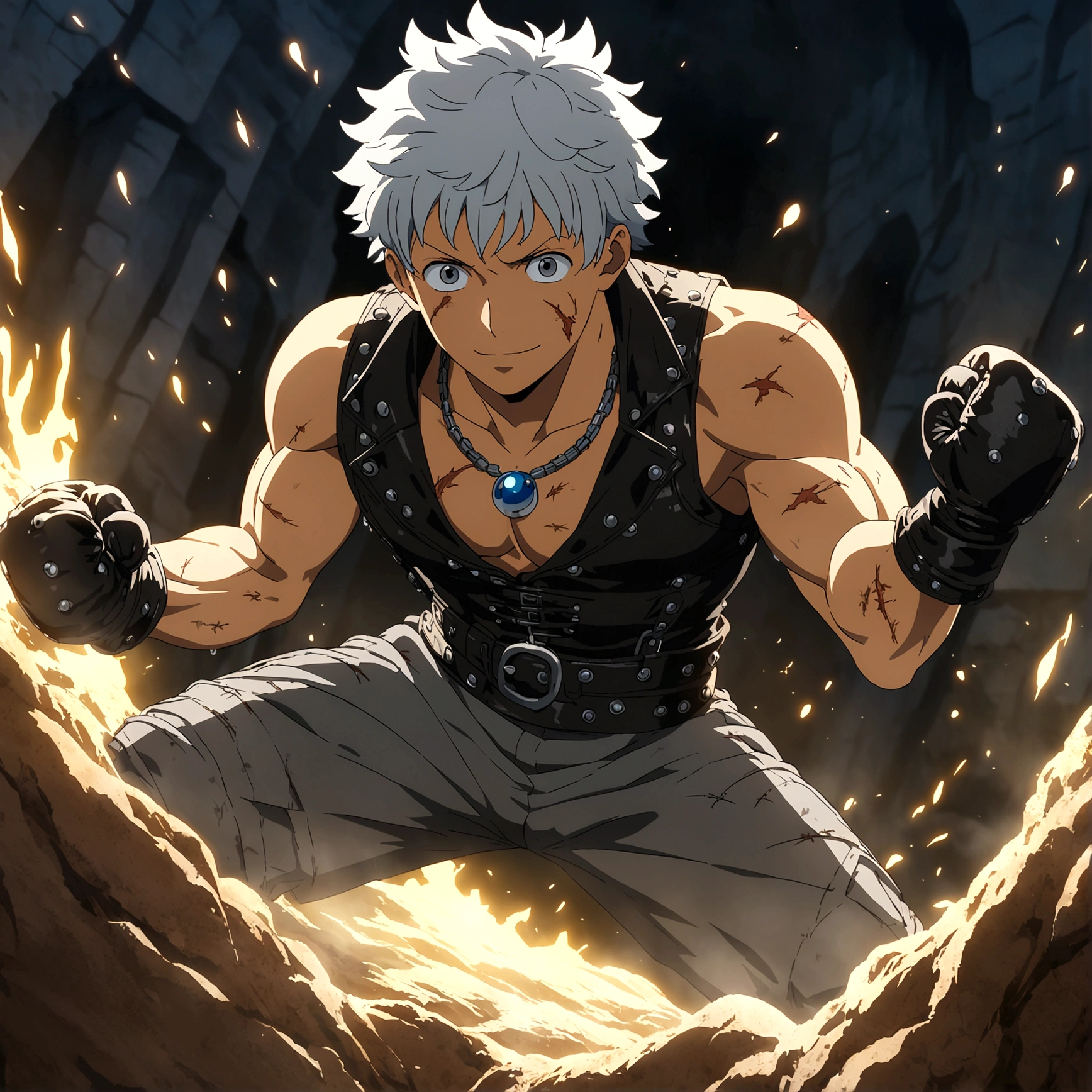 Young man, muscular and robust body, short gray hair, black blouse, blacksmith-style leather jumpsuit, stitched leather boxing gloves, dirt stains on the body, fight wounds on the body, innocent smile, pointed nose, necklace with blue drop symbol, boxer pose, "Anime features inspired by One Piece, drenched in dramatic and incredible lighting, dramatic lighting, infused with creative details, ultra-fine 2D design, scenery bathed in creativity, bathed in creativity, boasting HD anime resolution clarity, HD anime graphics, high-octane rendering"
