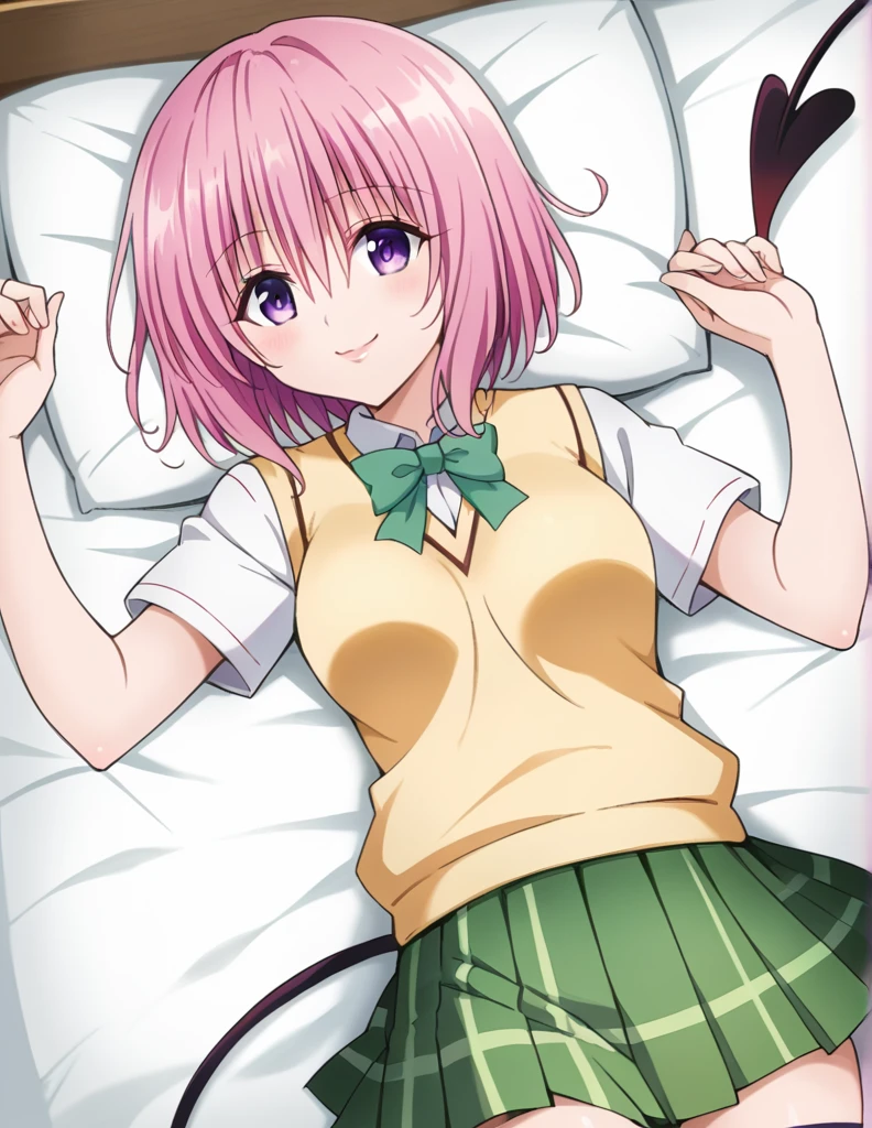 score_9, source_anime, anime coloring, momodevil, 1girl, solo, To Love-ru, momo velia deviluke, bob cut, short hair, pink hair, purple eyes, medium breasts, bright colors, pastel, bright pink hair, sainan high , white shirt, green skirt, (pleated skirt:1.4), green bow, black thighhighs, uwabaki, orange sweater vest, flower, tail, demon tail, smile, happy, (pink lips:0.8), on back, lying on bed