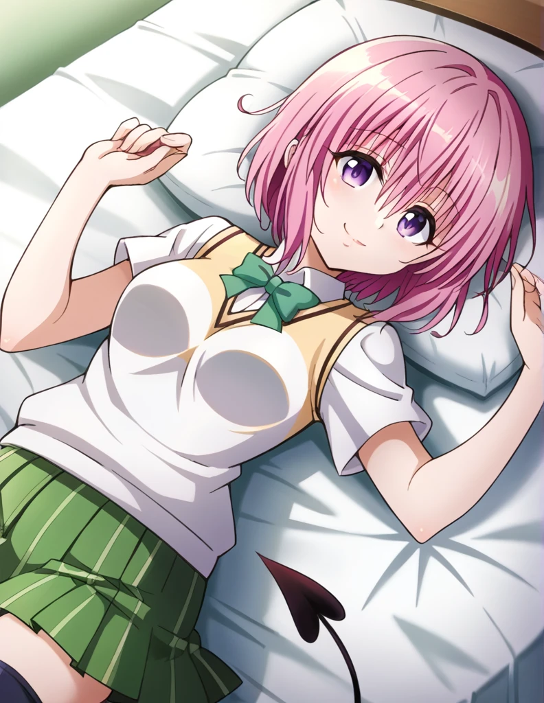 score_9, source_anime, anime coloring, momodevil, 1girl, solo, To Love-ru, momo velia deviluke, bob cut, short hair, pink hair, purple eyes, medium breasts, bright colors, pastel, bright pink hair, sainan high , white shirt, green skirt, (pleated skirt:1.4), green bow, black thighhighs, uwabaki, orange sweater vest, flower, tail, demon tail, smile, happy, (pink lips:0.8), on back, lying on bed