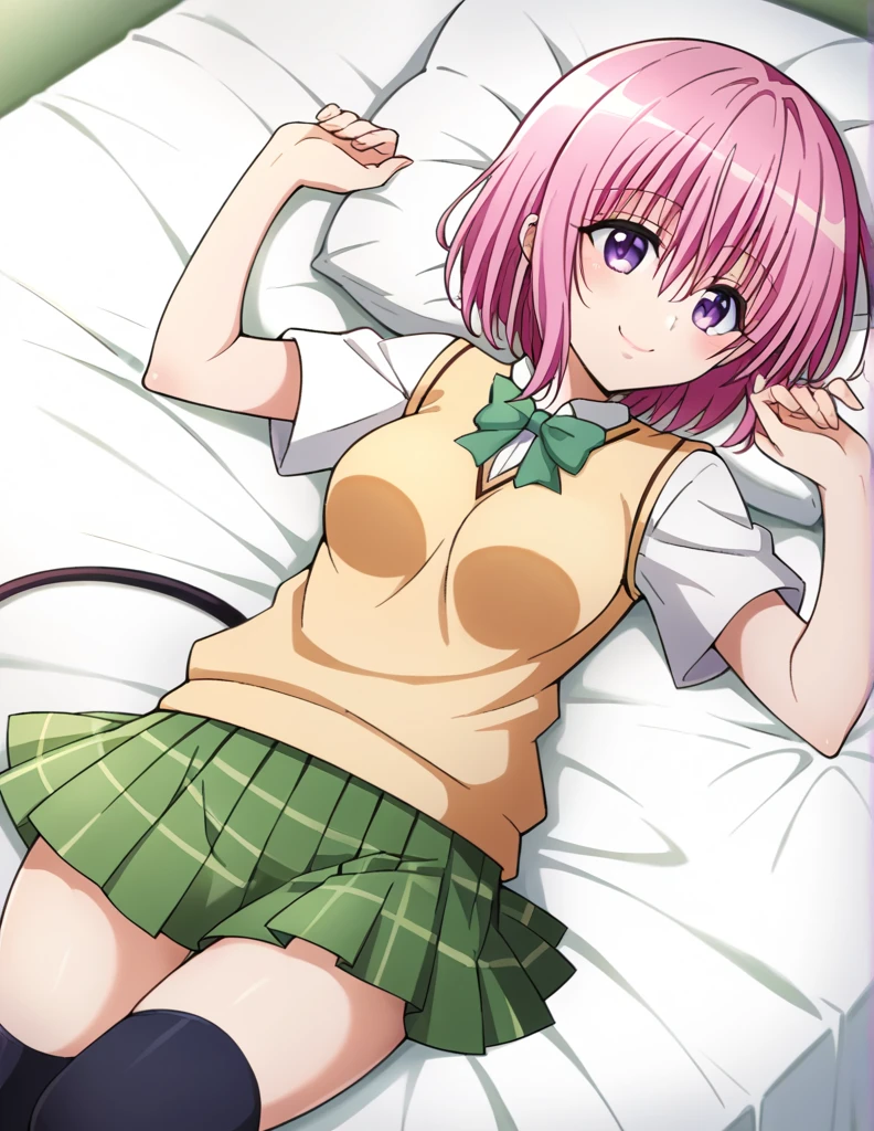 score_9, source_anime, anime coloring, momodevil, 1girl, solo, To Love-ru, momo velia deviluke, bob cut, short hair, pink hair, purple eyes, medium breasts, bright colors, pastel, bright pink hair, sainan high , white shirt, green skirt, (pleated skirt:1.4), green bow, black thighhighs, uwabaki, orange sweater vest, flower, tail, demon tail, smile, happy, (pink lips:0.8), on back, lying on bed