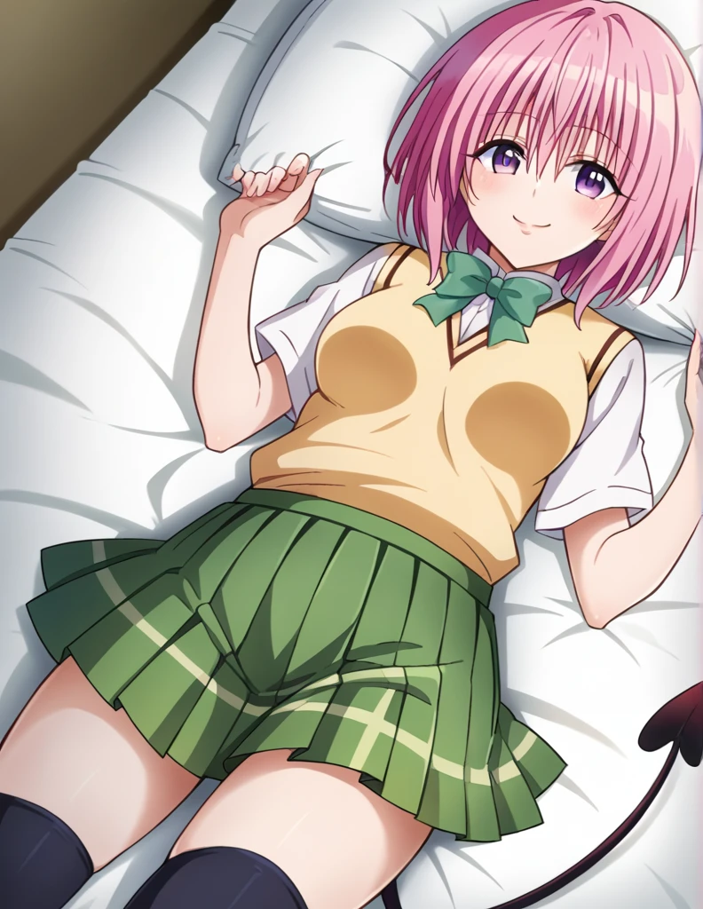 score_9, source_anime, anime coloring, momodevil, 1girl, solo, To Love-ru, momo velia deviluke, bob cut, short hair, pink hair, purple eyes, medium breasts, bright colors, pastel, bright pink hair, sainan high , white shirt, green skirt, (pleated skirt:1.4), green bow, black thighhighs, uwabaki, orange sweater vest, flower, tail, demon tail, smile, happy, (pink lips:0.8), on back, lying on bed