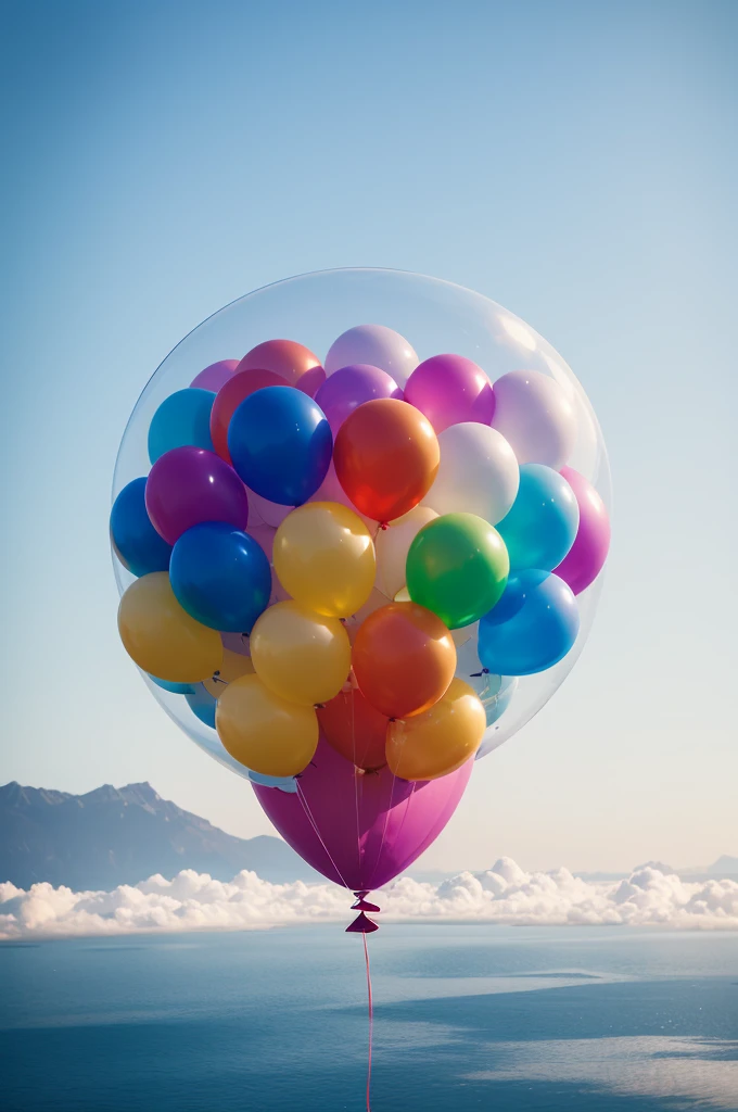 I want an image with many transparent and floating colored balloons and with white scenery in the background 