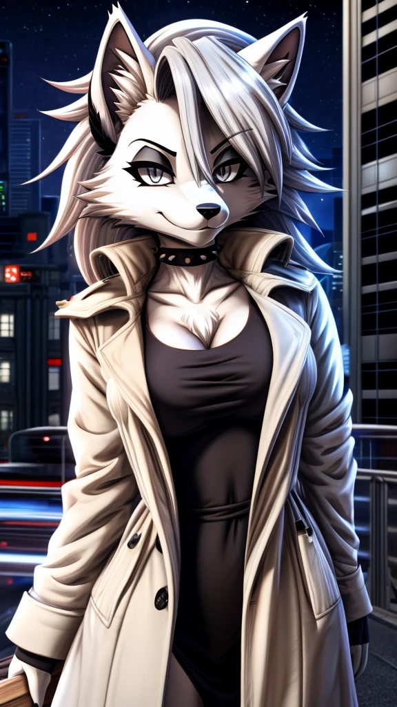 Loona from Helluva Boss, female wolf, anthro, fluffy cozy short white hair, grey eyes, mature adult, trench coat, casual clothing, smiling at viewer, city at night, detailed, solo, beautiful, high quality, old 200s anime style, 4K