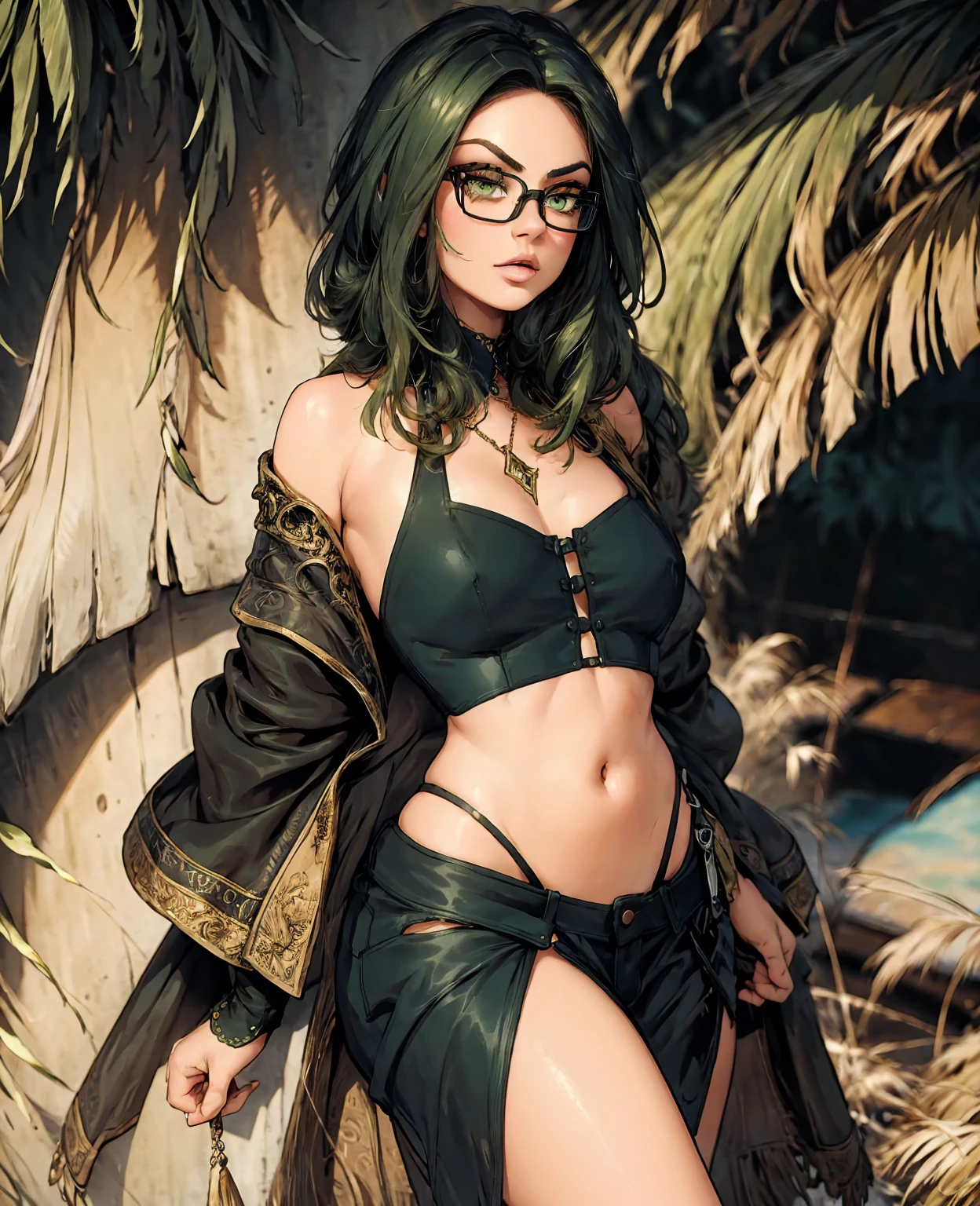 Mila Kunis, beautiful detailed eyes, beautiful detailed lips, extremely detailed face, long eyelashes, green hair, sexy, wearing glasses, photo-realistic, 8K, masterpiece, hyperrealistic, cinematic lighting, vibrant colors, intricate details, dramatic shadows, elegant pose