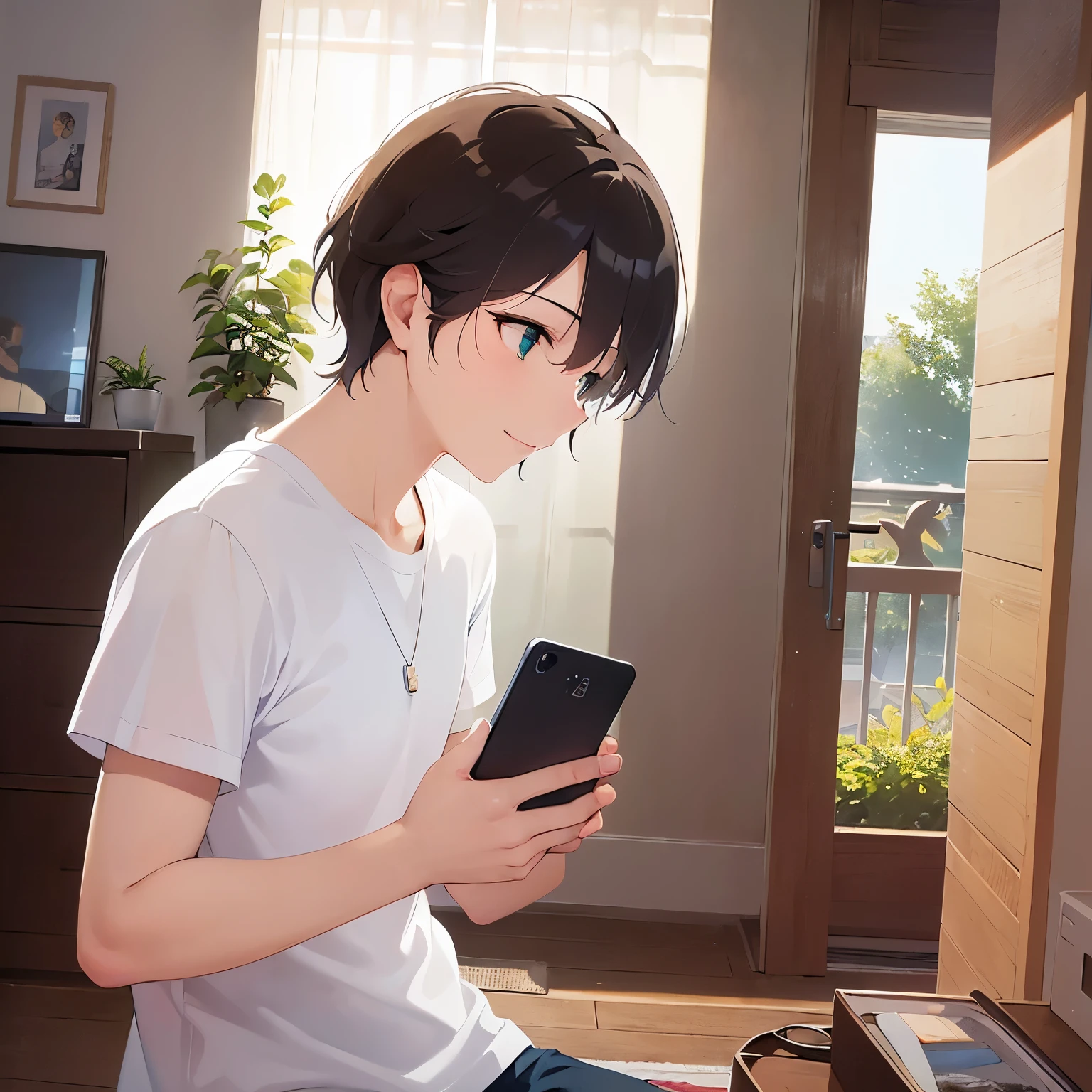 side angle,(looking away:1.5),shiny skin,masterpiece,Highest quality,BREAK(A man of 26:1.5)and(Brown short hair)and(Green Eyes)BREAK,(White T-shirt:1.5),(smile:1.3),The background is the living room of the house,(Alone:1.5),(Holding a smartphone in your hand:1.,(Biologically correct５Finger)