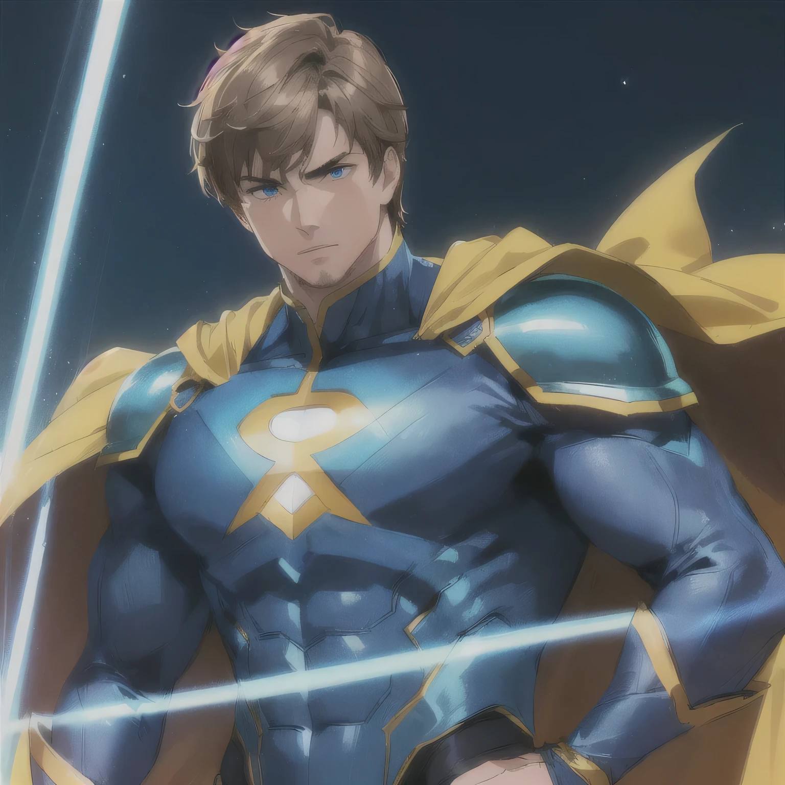 a muscular man in a blue superhero outfit with shoulder pads and a yellow cape, the letter "n" written on the chest in yellow, beautiful blue eyes, light brown hair, highly detailed, realistic, cinematic lighting, dynamic pose, cinematic composition, epic, heroic, dramatic