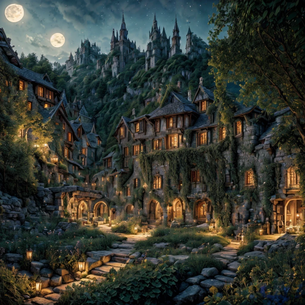 A stunning illustration of an Island oasis under the moonlight, isekai from another world full of magic, in ultra-high resolution, best quality, medieval settings