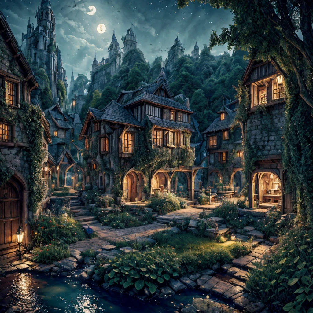 A stunning illustration of an Island oasis under the moonlight, isekai from another world full of magic, in ultra-high resolution, best quality, medieval settings