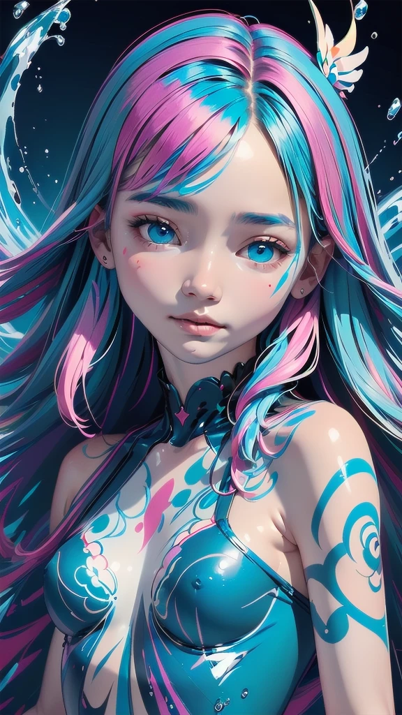 (Very detailed,Ultra-high resolution,Detailed background),((2D)),((Flat Color)),((rich and colorful)),((floating rich and colorful water)),1 girl,Solitary,Looking at the audience,rest、Body painting、feminine beauty、Warm body type