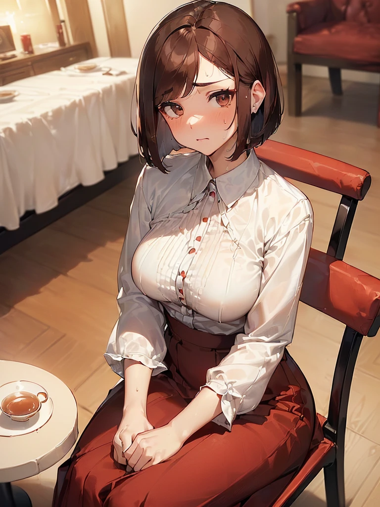 (((Red long skirt:1.9. Opening the front of your blouse by yourself:2.4. An elegant white short-sleeved blouse that shows off a white bra))),(((Apartment room、Sitting in a chair、Anxious expression、Tea on the table:1.3)))Mid-length bob cut hair:1.9. Big breasts:1.6、(((1 Female:1.3))), (((Brown Hair:1.3. Wavy Hair:1.5. Bob Cut Hair:1.9 Round Eyes Beauty:1.3. Shapely breasts, brown eyes, side-swept bangs, red cheeks:1.3 Sweat:1.3)))、(((Top quality masterpiece high resolution perfect human body:1.3))),(((Sweat:1.3,cute:1.3)))