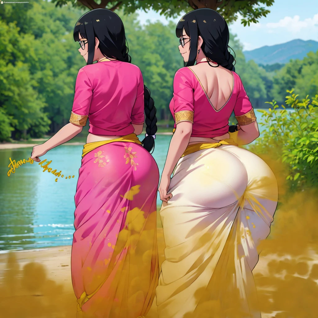 ultraHD, high resolution, 2 females, indian teenage girls, 2 girls alone by the river, black hair, hair tied in braids, hair bang, wearing glasses, skinny body, dark skin, relieved faces, smiling, pink saree, bend over, bending over, 2 girls fart, girls fart, both farting, huge asses, letting out fart, massive fart, velocity, yellow smoke rising, viewing from behind, by the river, near a hut